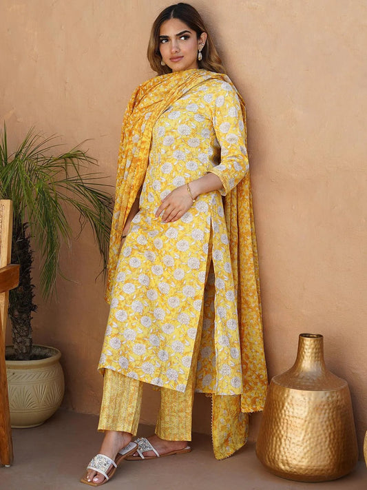 Yellow Printed Cotton Straight Suit With Dupatta