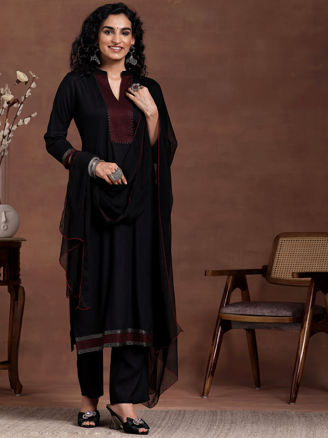 Black Yoke Design Viscose Rayon Straight Suit With Dupatta