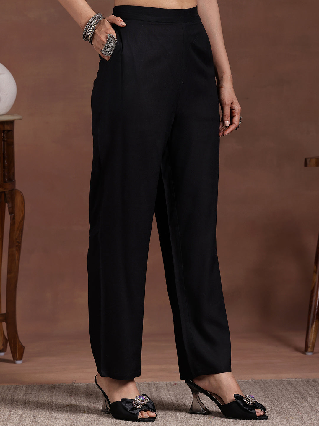 Black Yoke Design Viscose Rayon Straight Suit With Dupatta