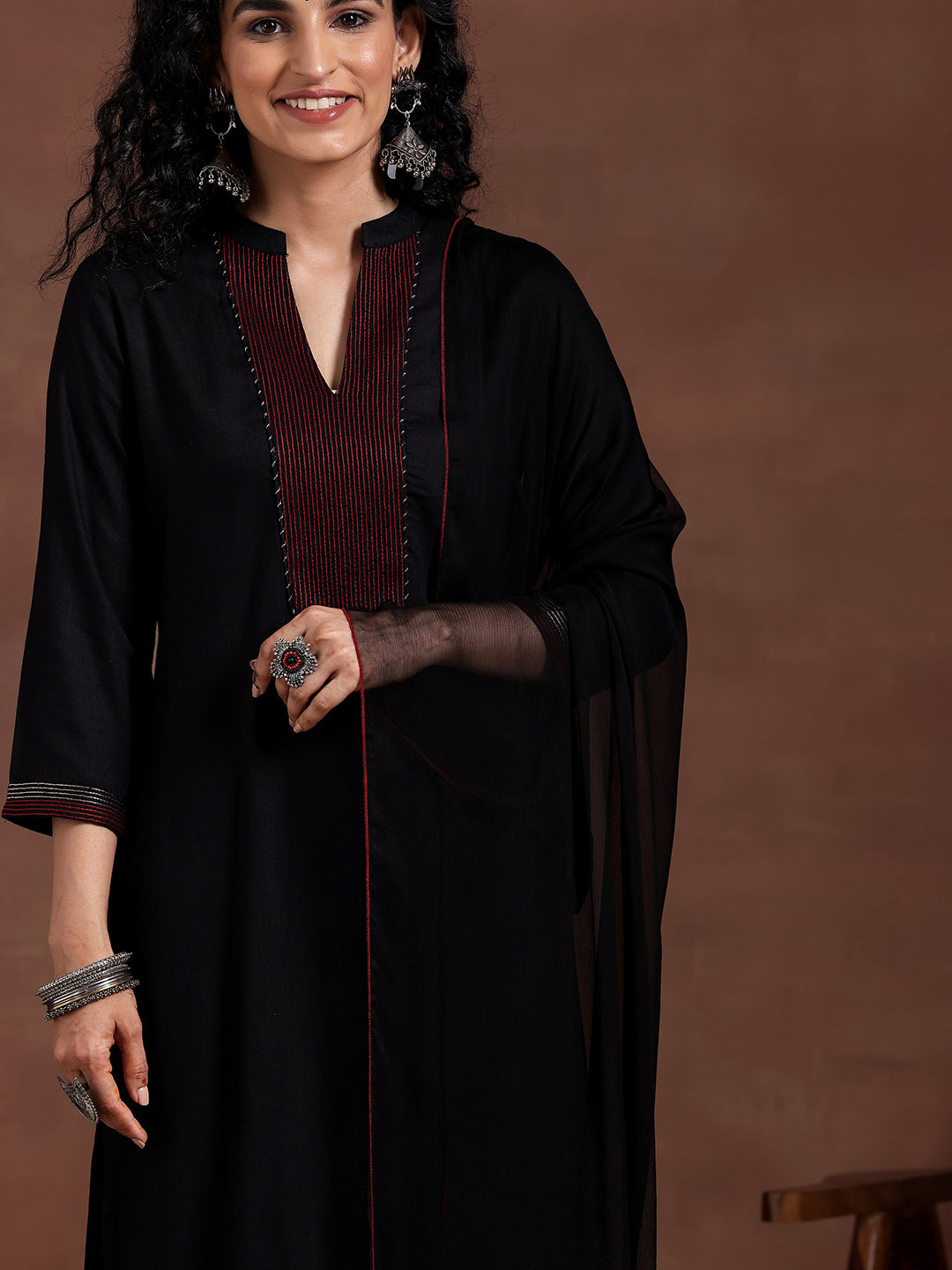 Black Yoke Design Viscose Rayon Straight Suit With Dupatta