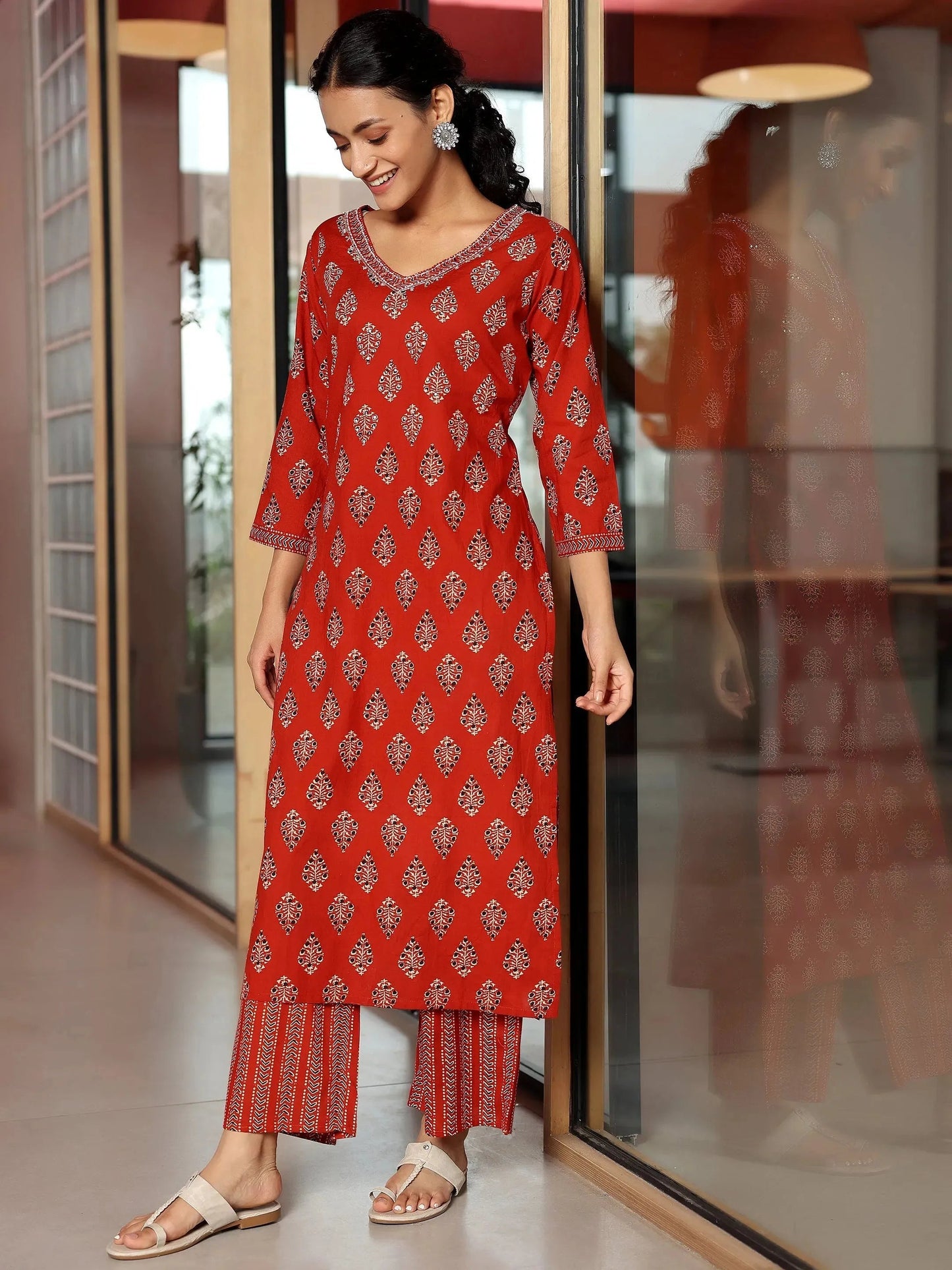 Rust Printed Cotton Straight Kurta Set