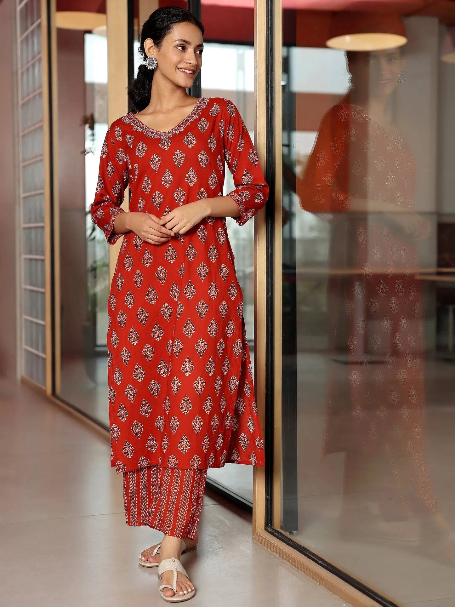 Rust Printed Cotton Straight Kurta Set