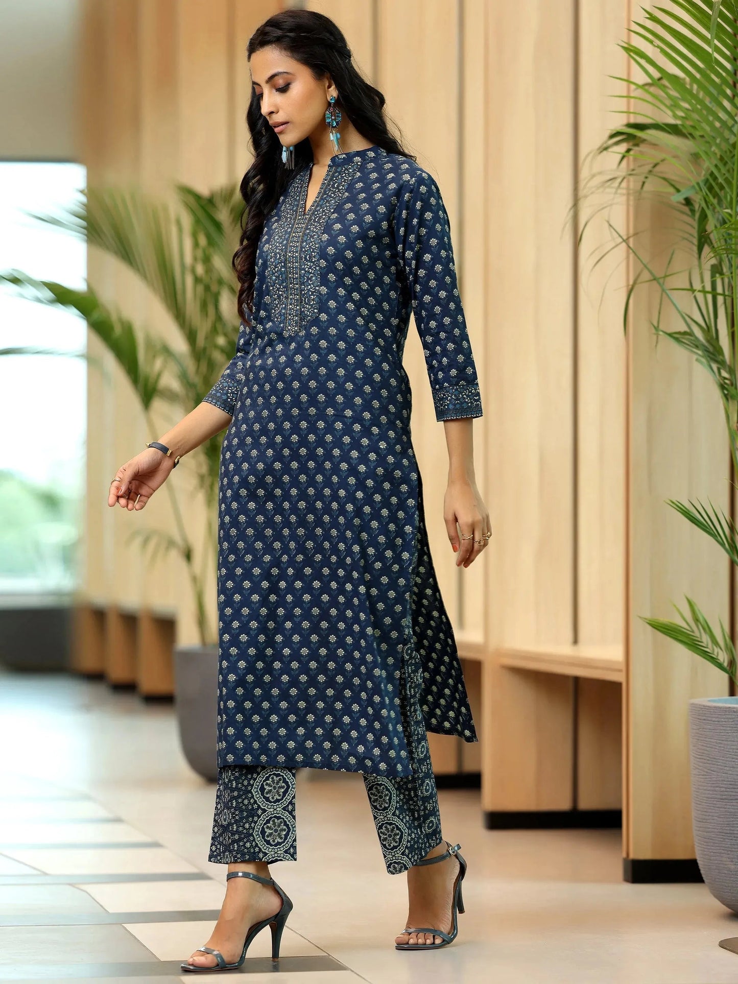 Blue Printed Cotton Straight Suit With Dupatta
