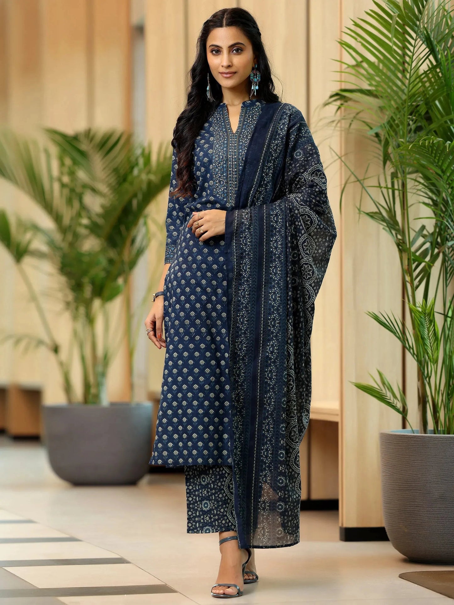 Blue Printed Cotton Straight Suit With Dupatta