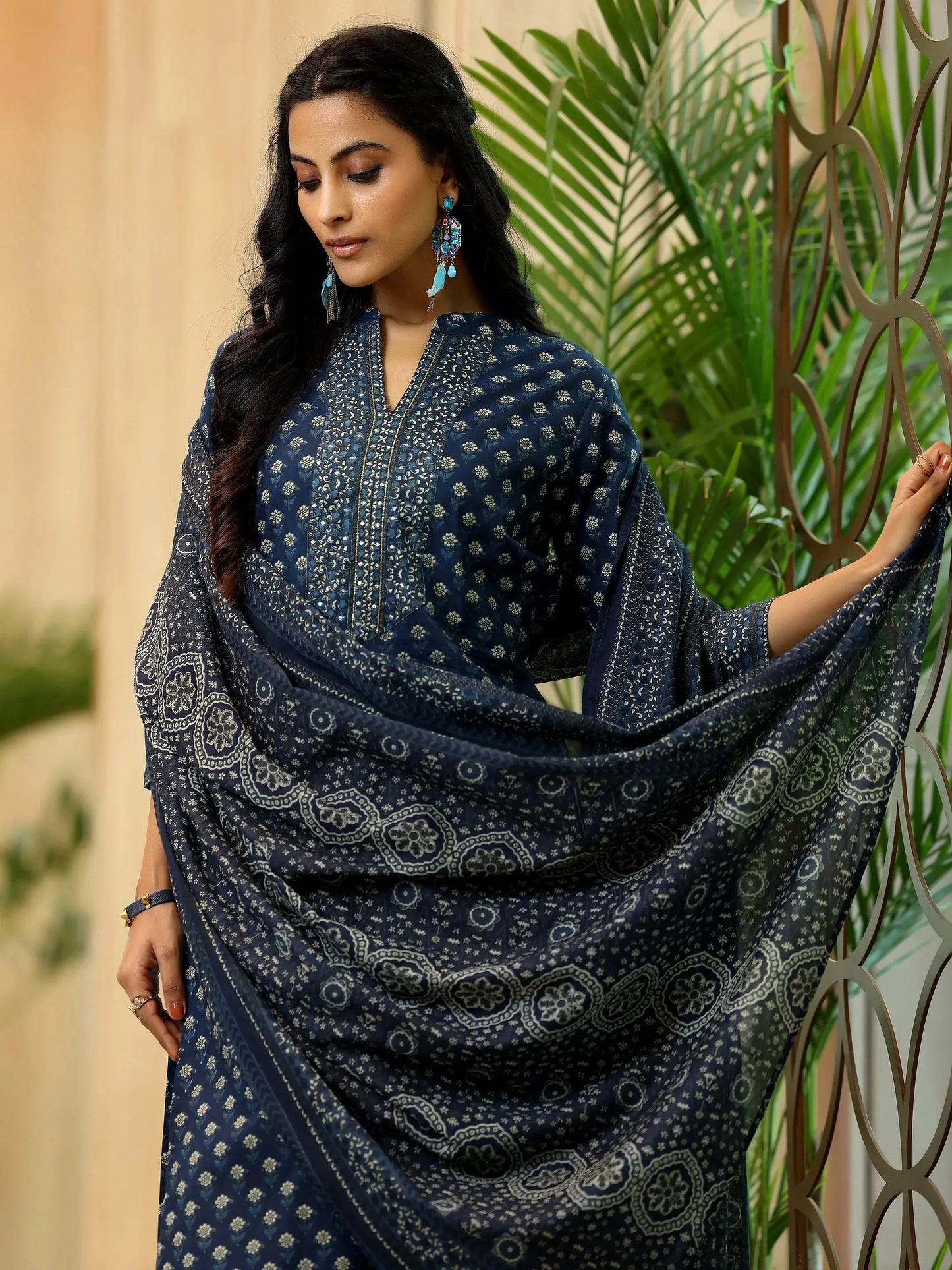 Blue Printed Cotton Straight Suit With Dupatta