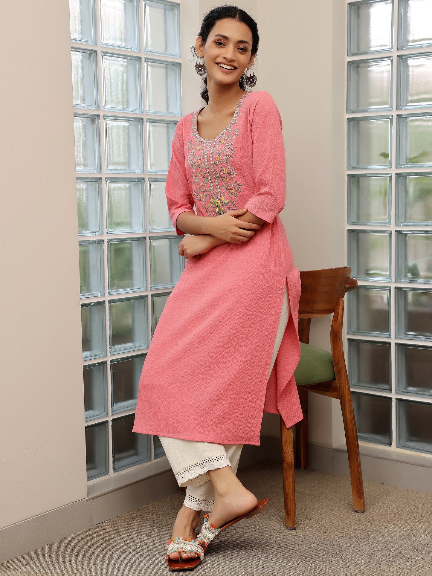 Pink Yoke Design Polyester Straight Kurta