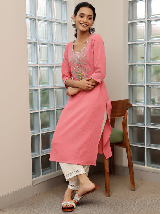 Pink Yoke Design Polyester Straight Kurta