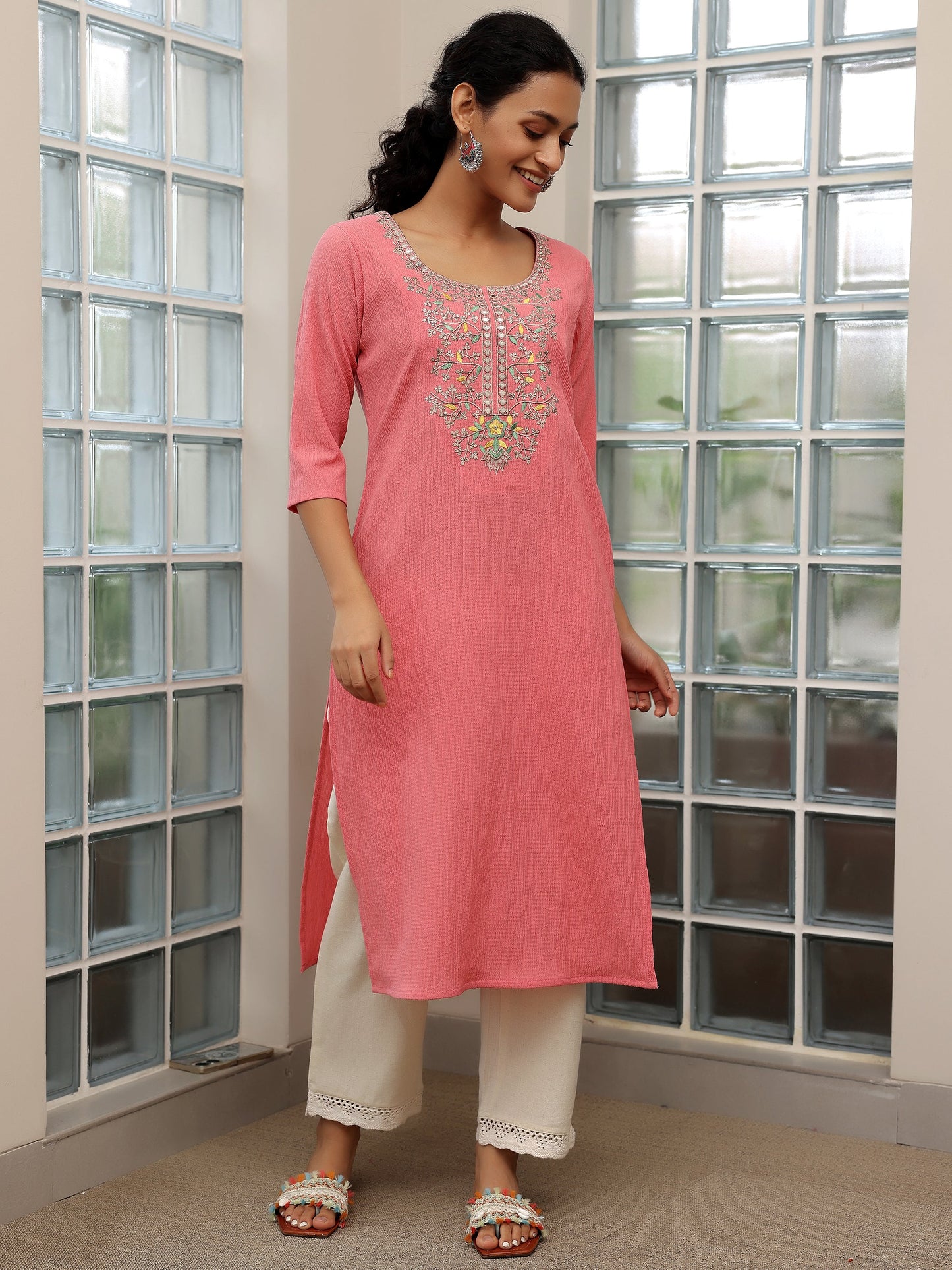 Pink Yoke Design Polyester Straight Kurta