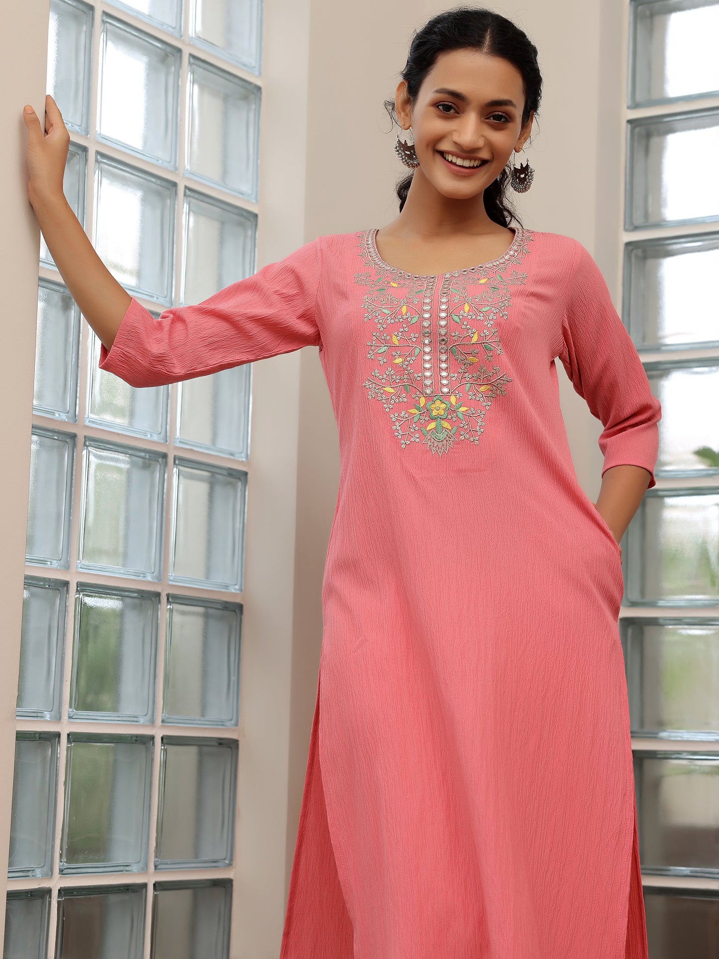 Pink Yoke Design Polyester Straight Kurta