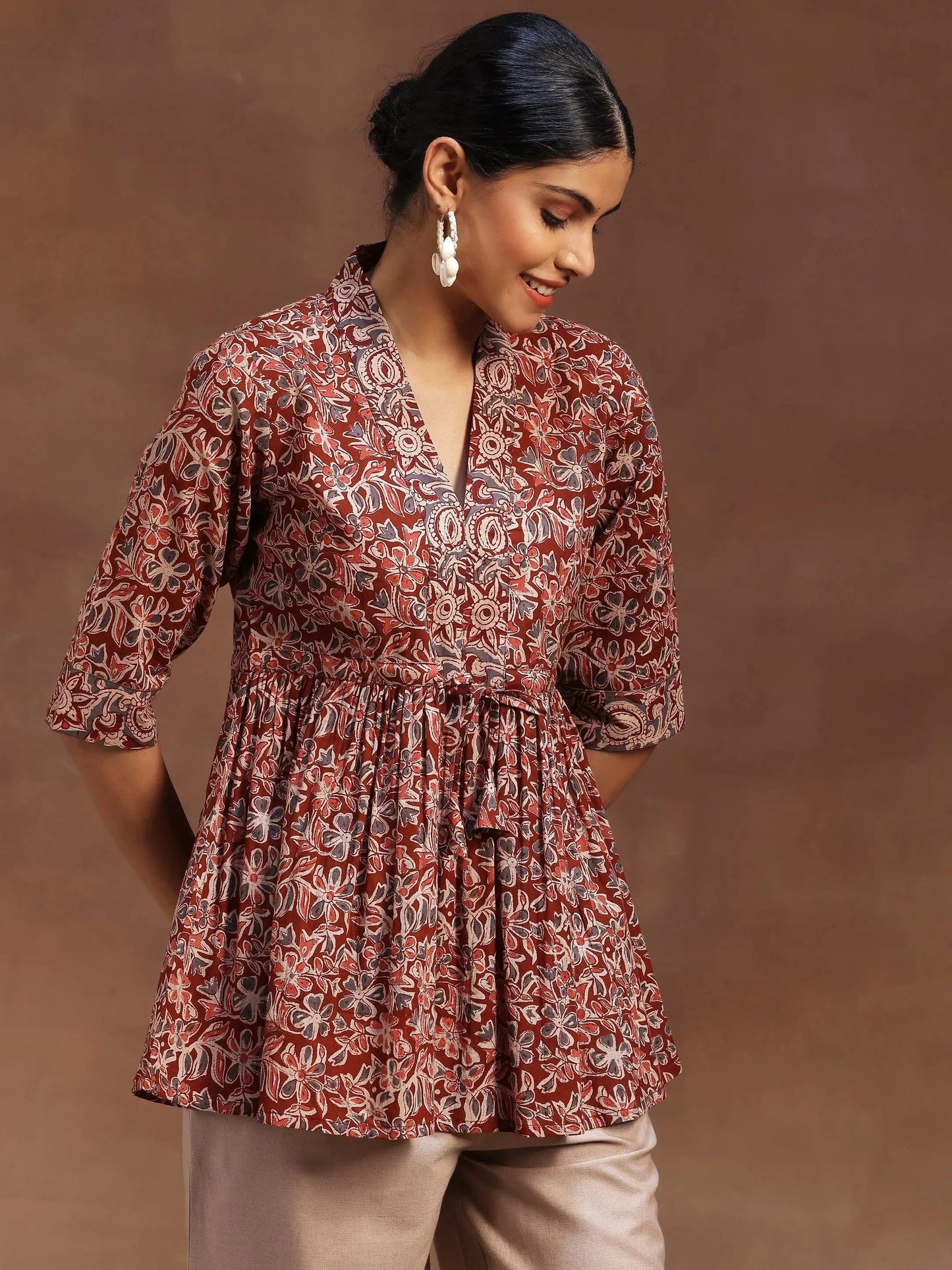 Rust Printed Cotton A-Line Kurti