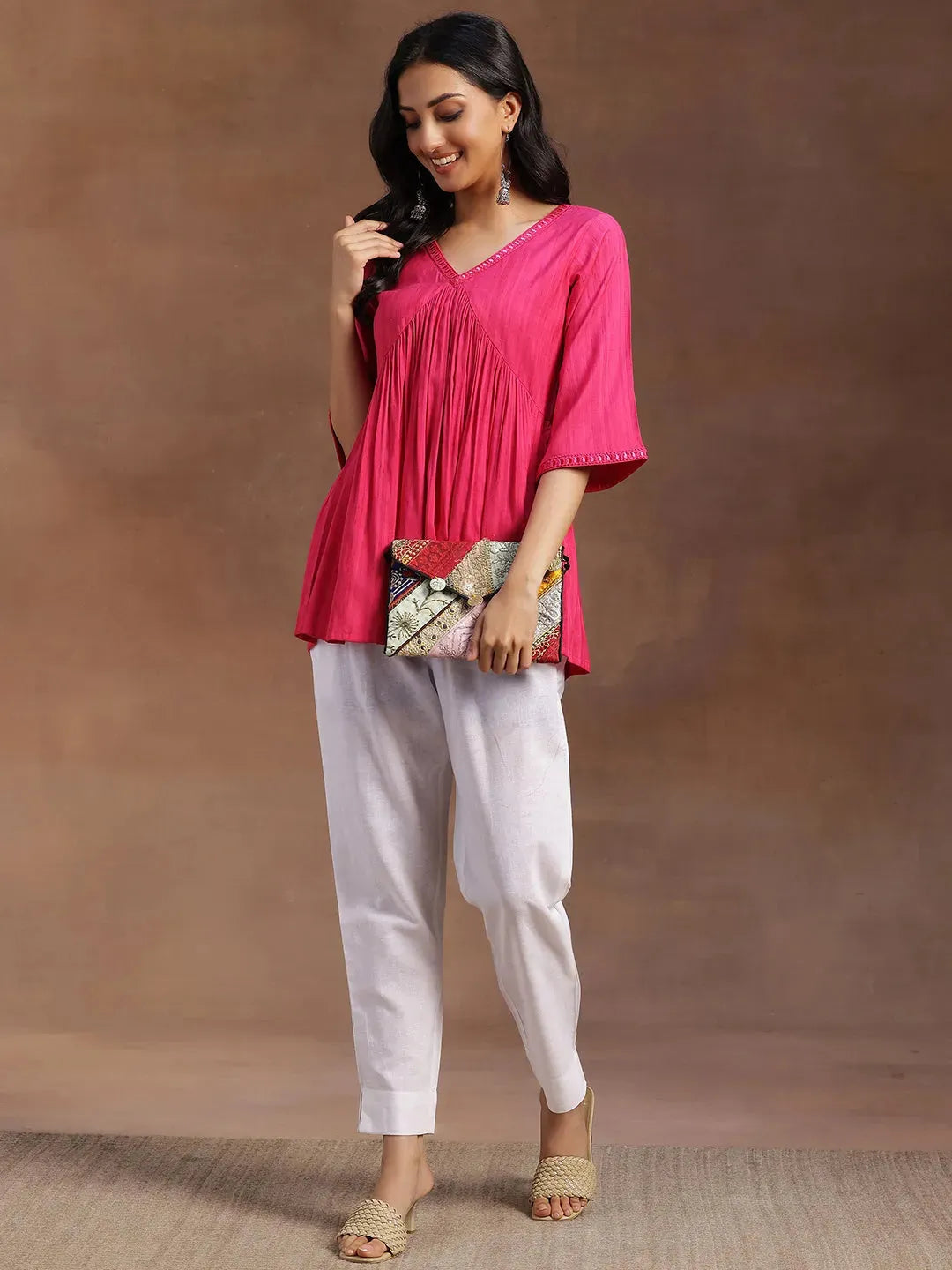 Pink Solid Rayon A-line Kurti