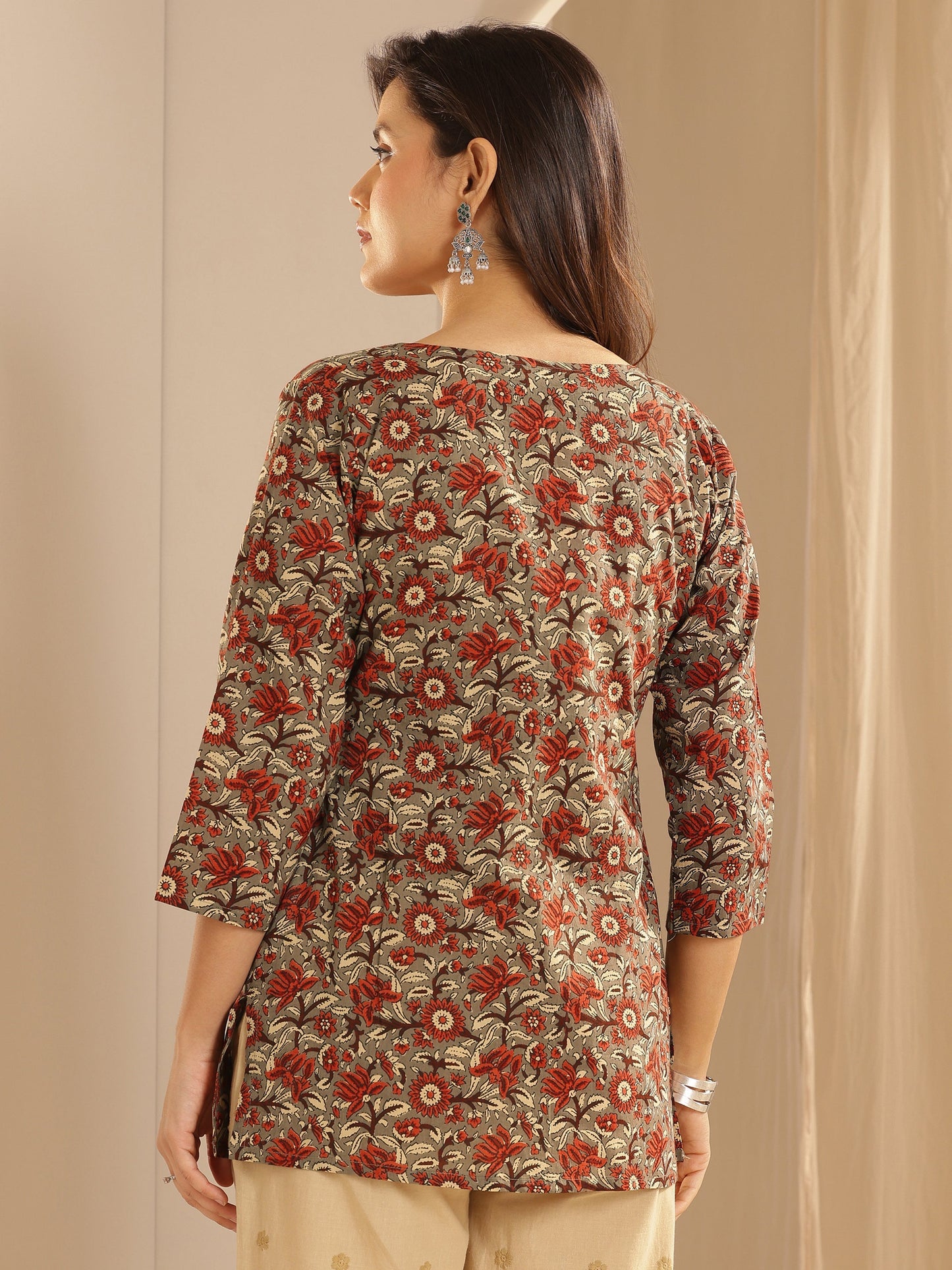 Brown Printed Cotton Straight Kurti