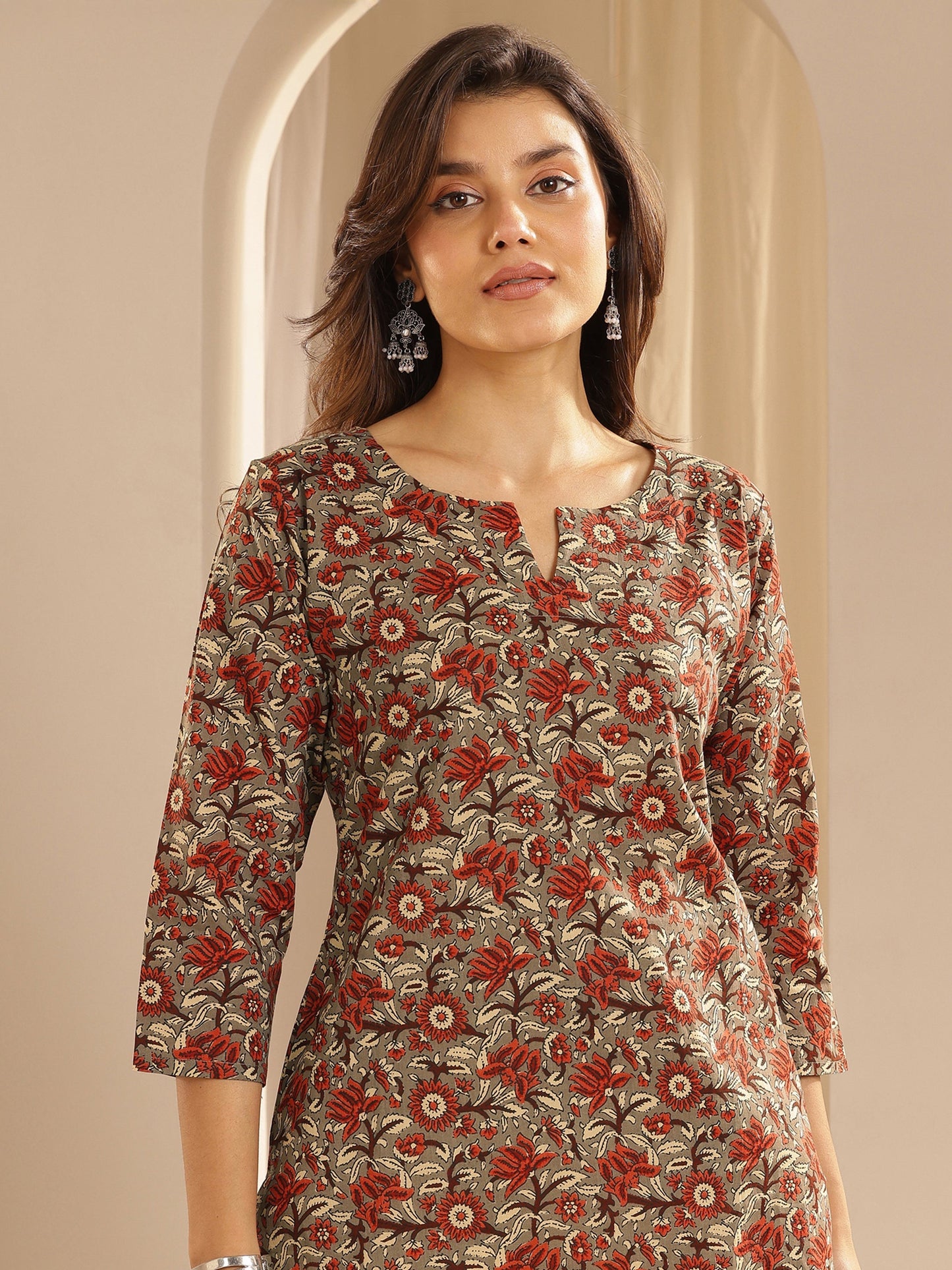 Brown Printed Cotton Straight Kurti