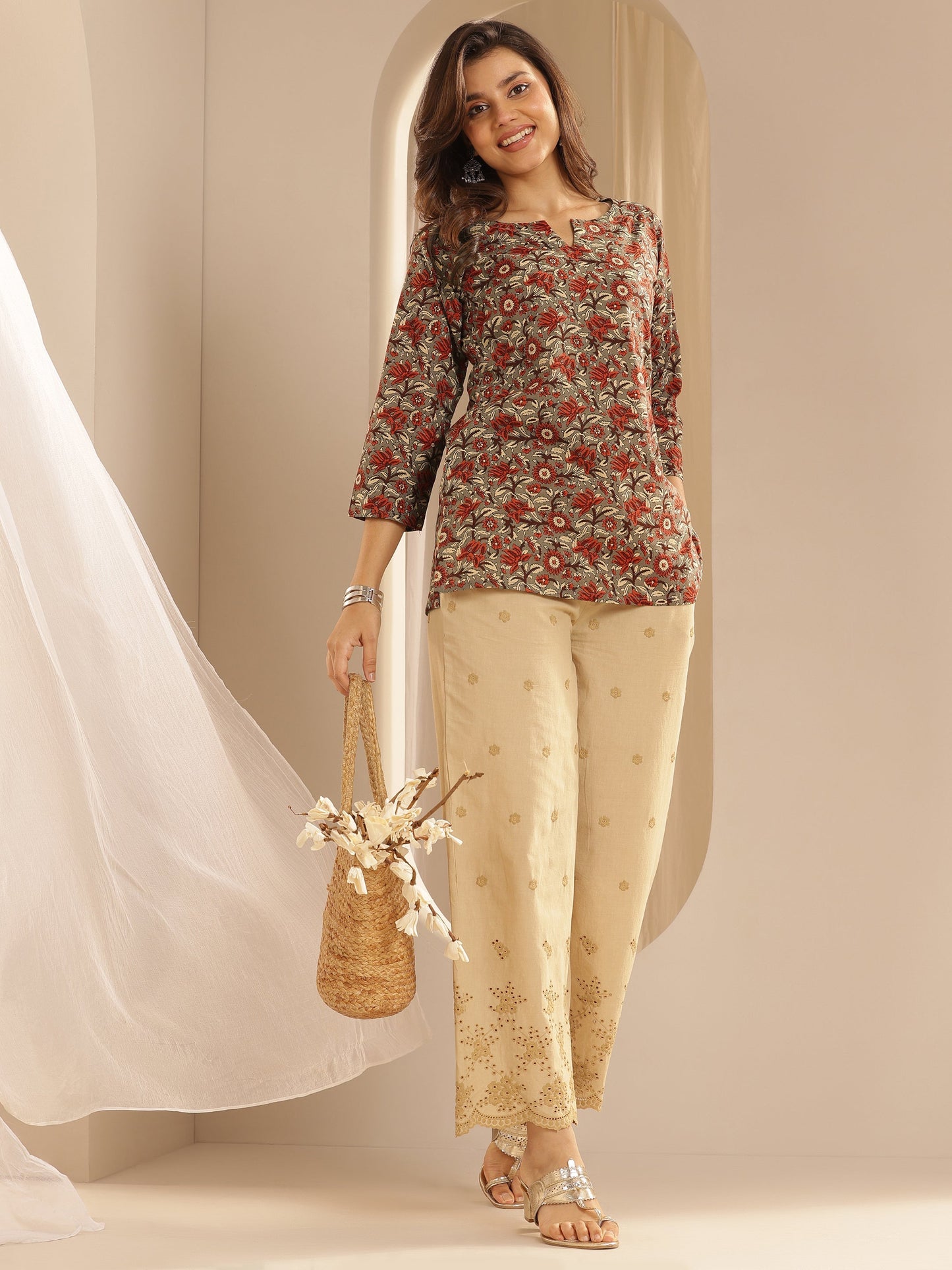 Brown Printed Cotton Straight Kurti
