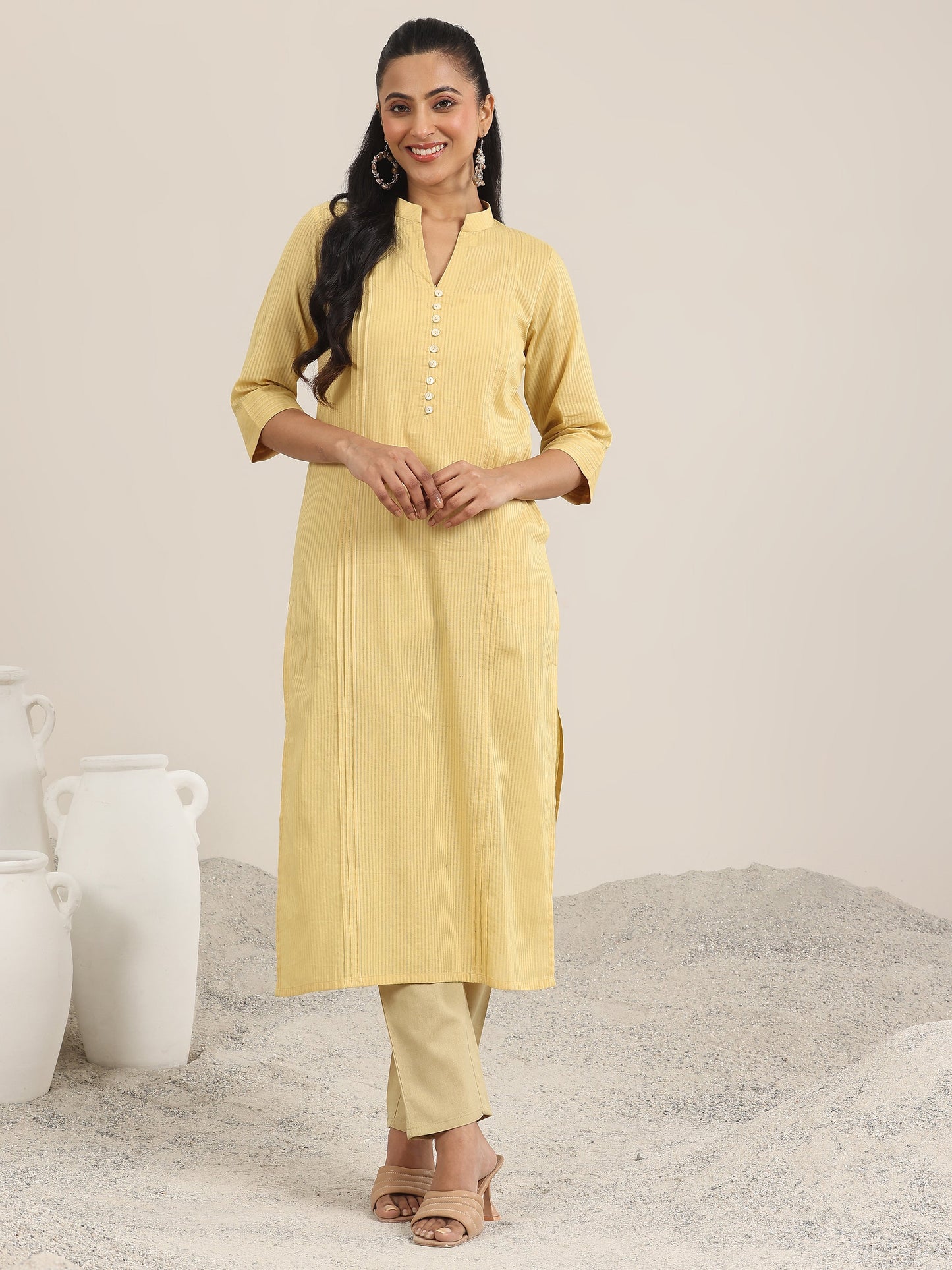 Yellow Printed Cotton Straight Kurta