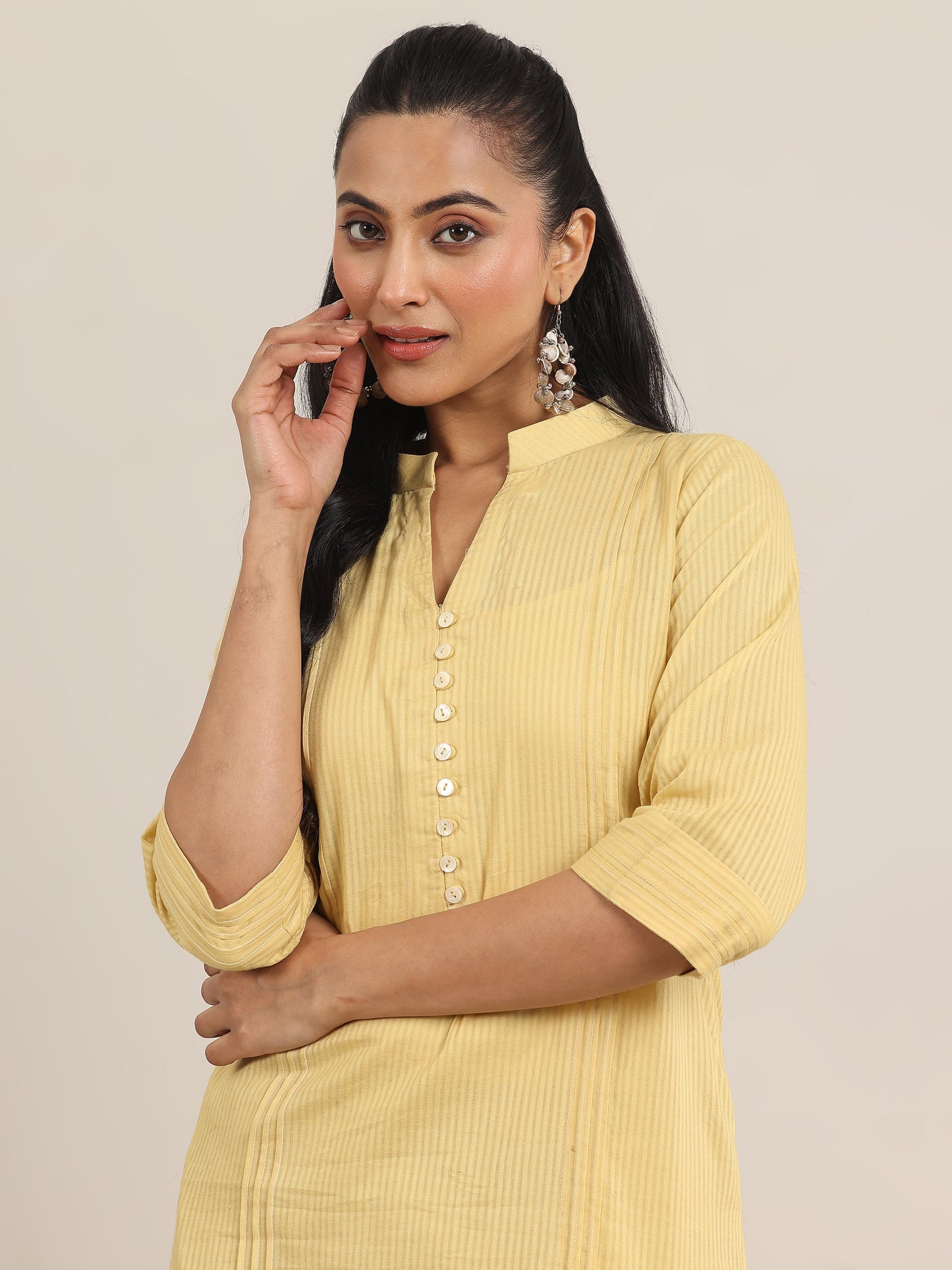 Yellow Printed Cotton Straight Kurta