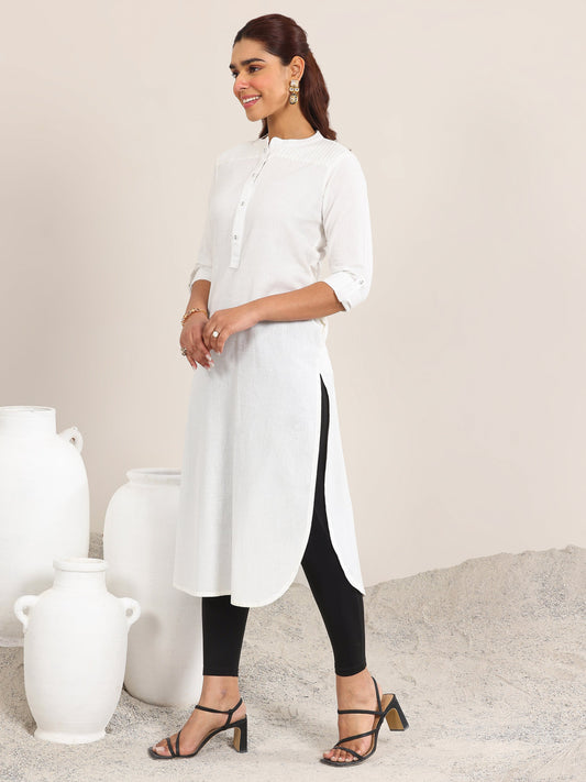 White Solid Cotton Blend Straight Kurta