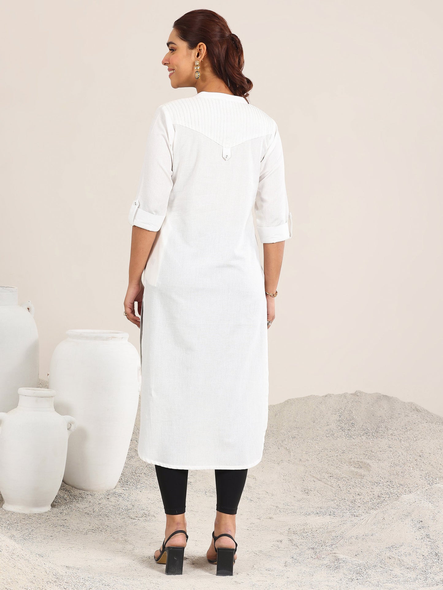 White Solid Cotton Blend Straight Kurta