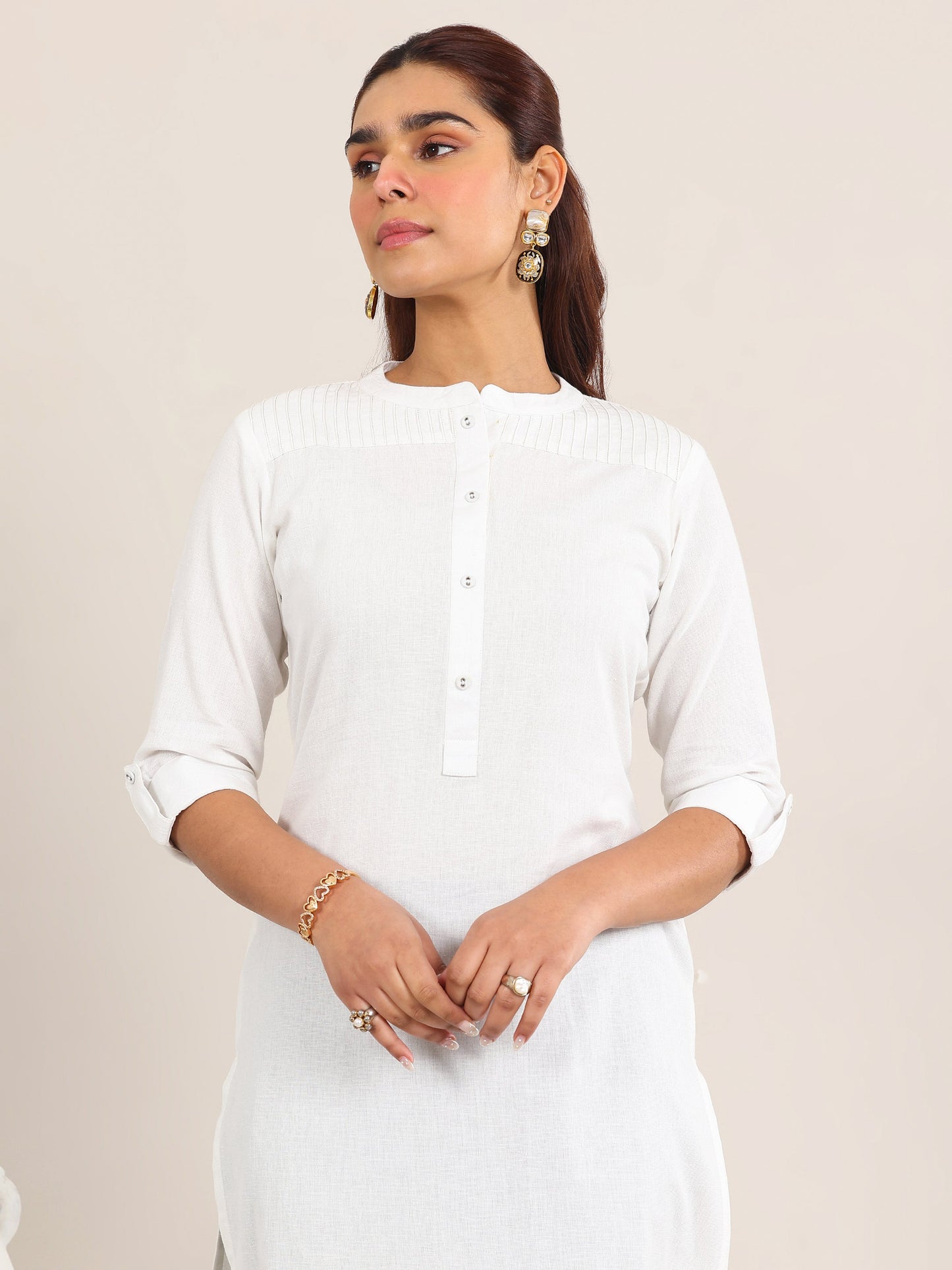 White Solid Cotton Blend Straight Kurta