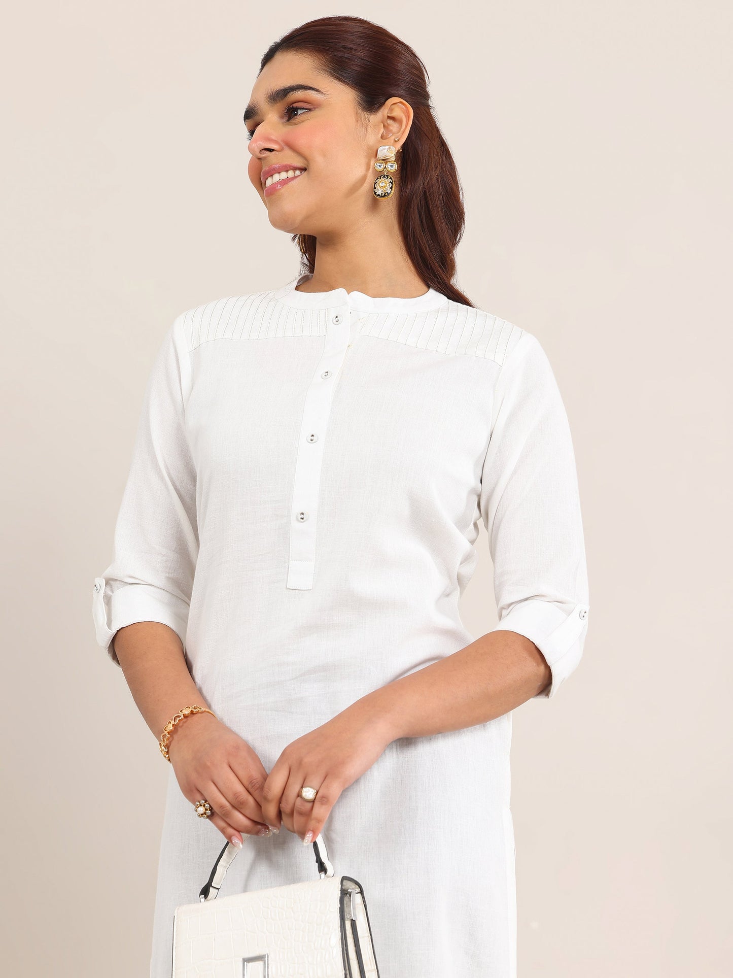 White Solid Cotton Blend Straight Kurta