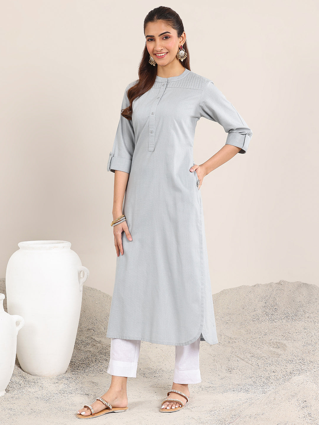 Blue Solid Cotton Blend Straight Kurta