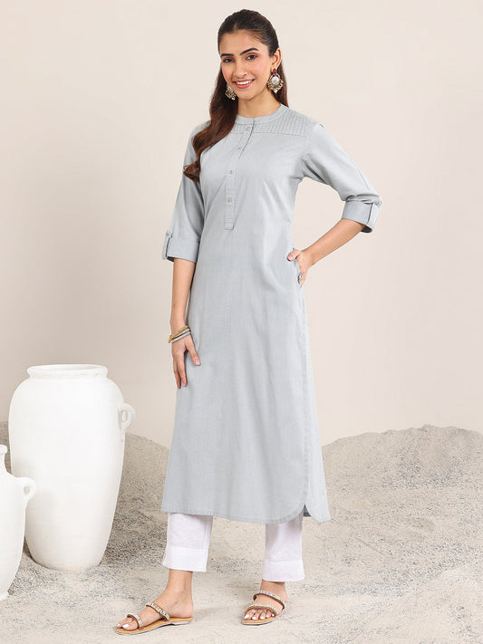 Blue Solid Cotton Blend Straight Kurta