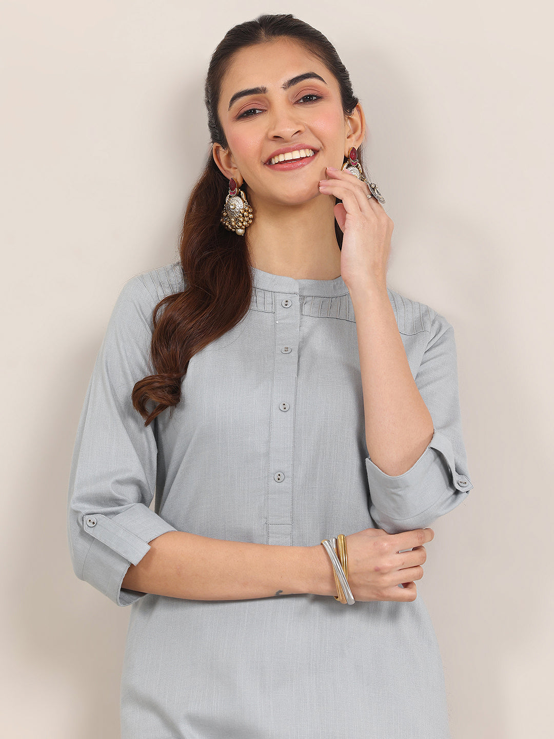 Blue Solid Cotton Blend Straight Kurta