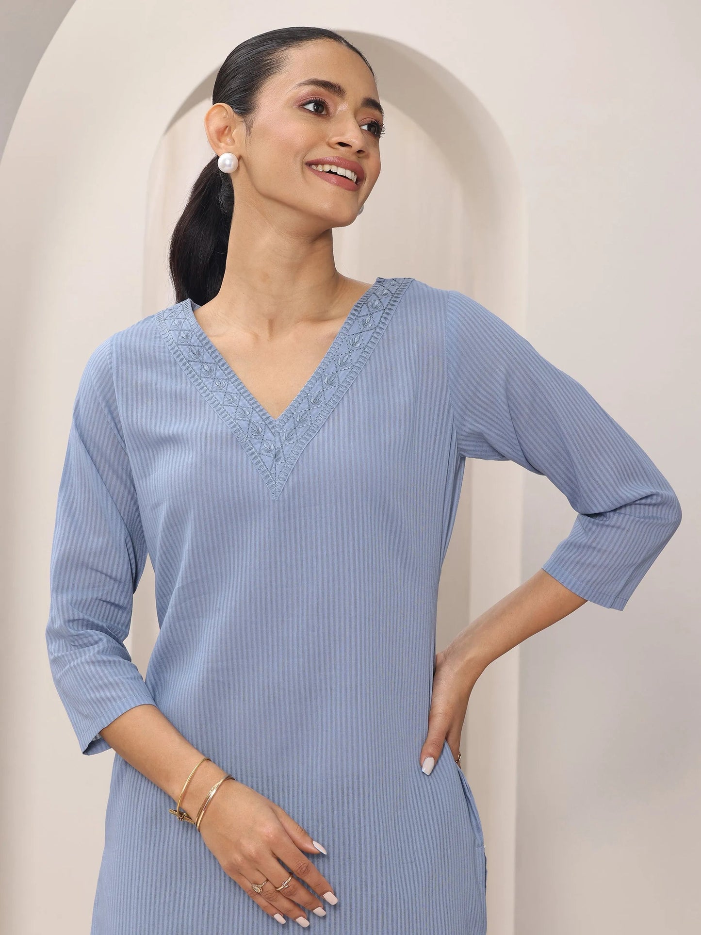 Blue Printed Cotton Straight Kurta