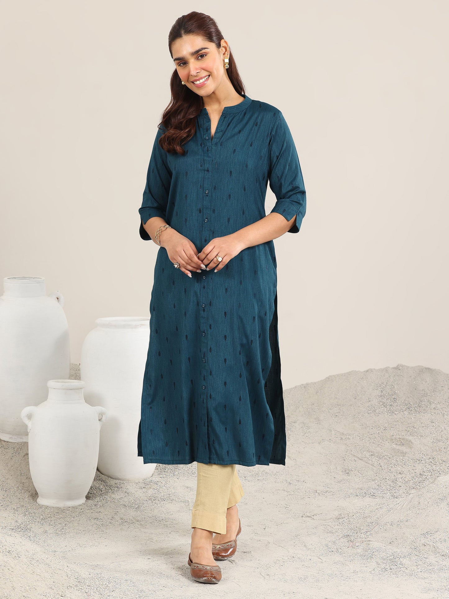 Teal Woven Design Rayon Straight Kurta