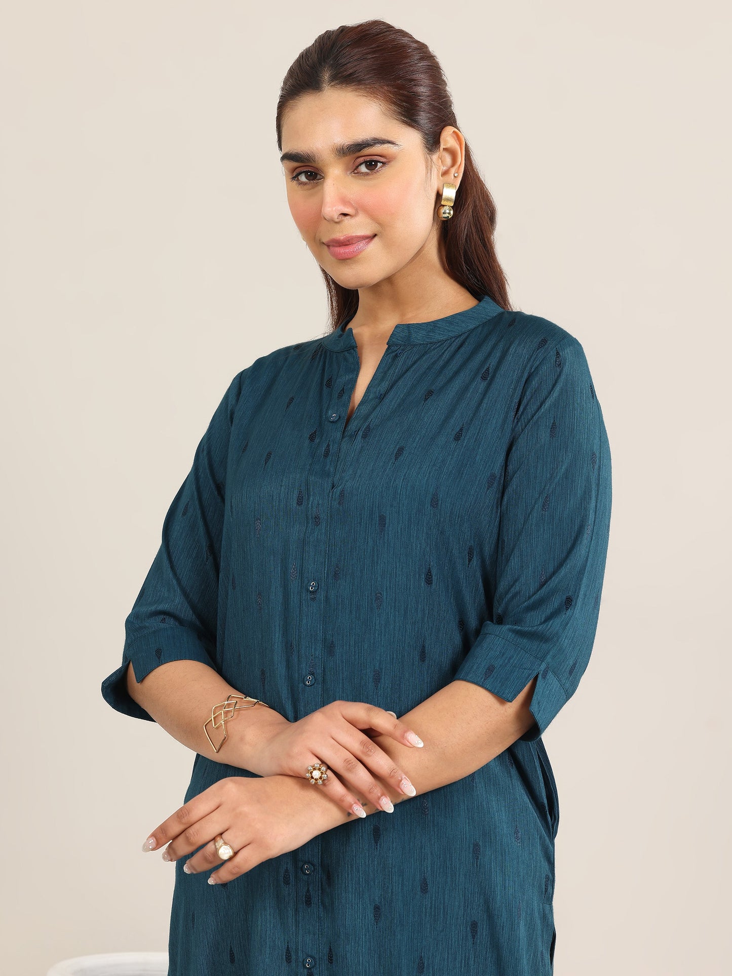 Teal Woven Design Rayon Straight Kurta