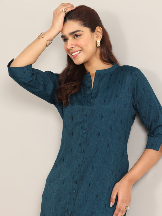 Teal Woven Design Rayon Straight Kurta