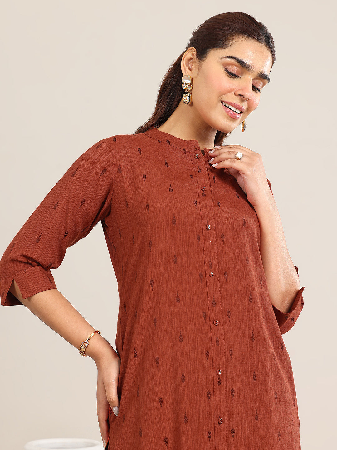 Rust Woven Design Rayon Straight Kurta