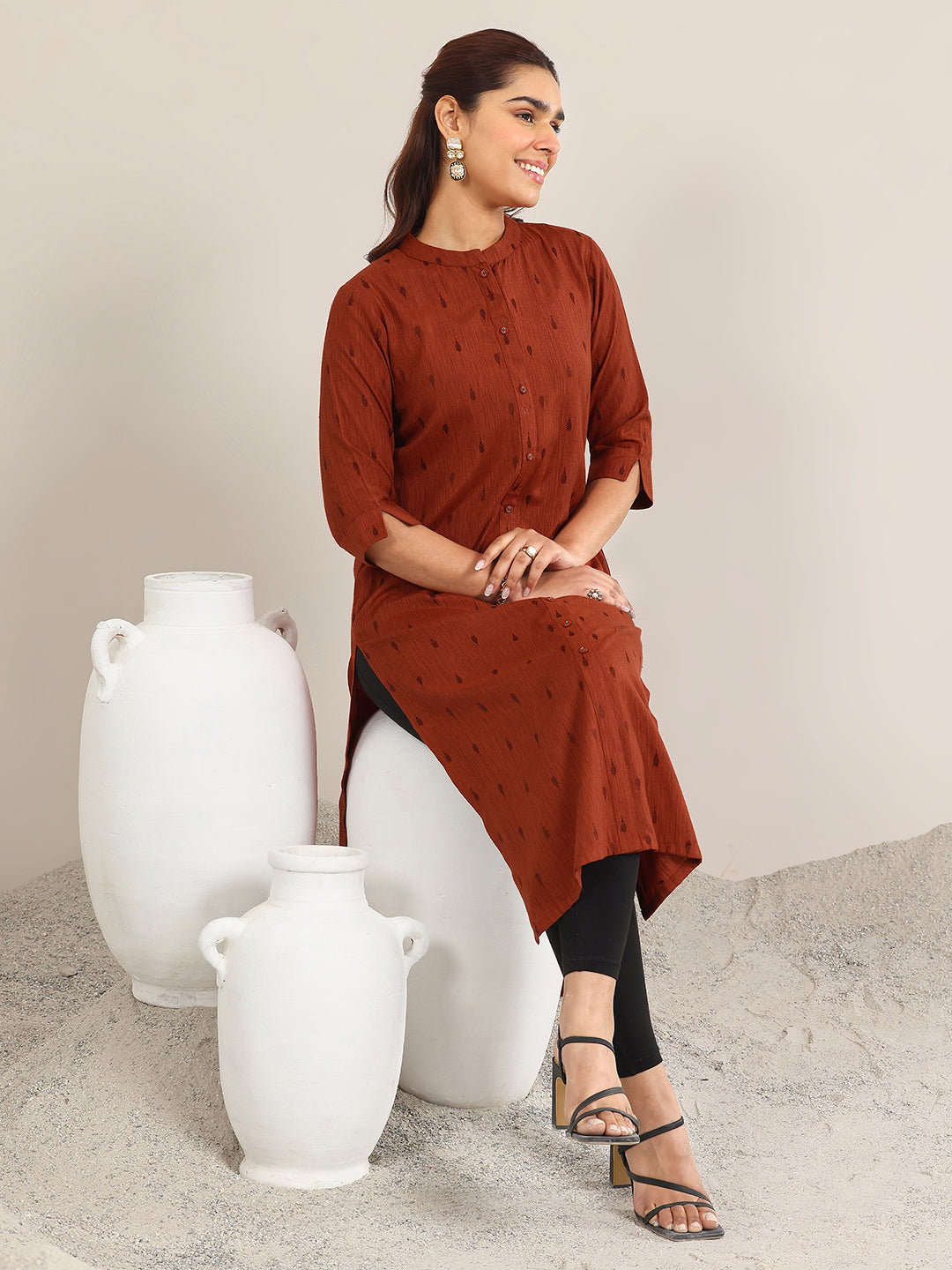 Rust Woven Design Rayon Straight Kurta