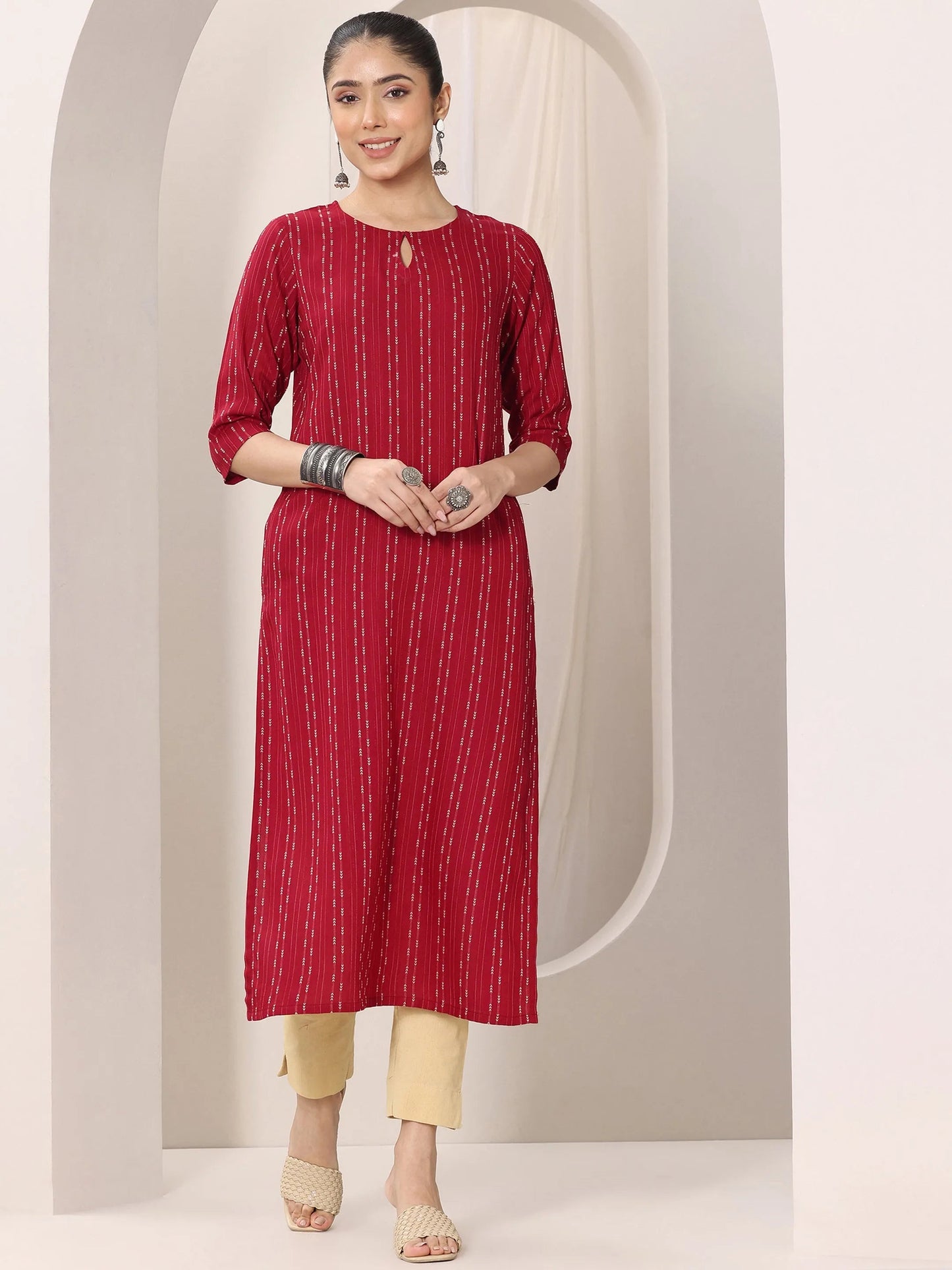 Red Woven Design Rayon Straight Kurta