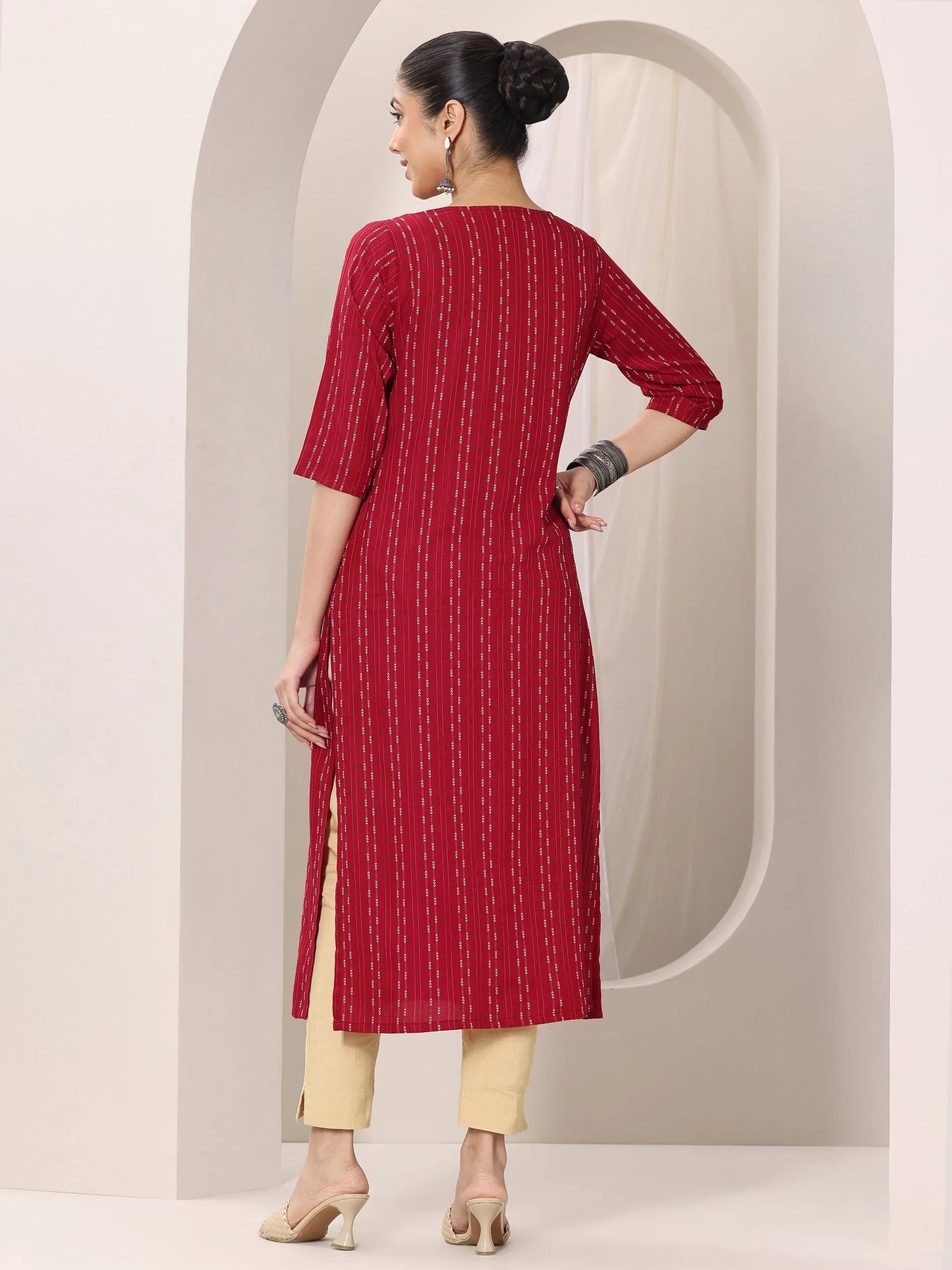 Red Woven Design Rayon Straight Kurta