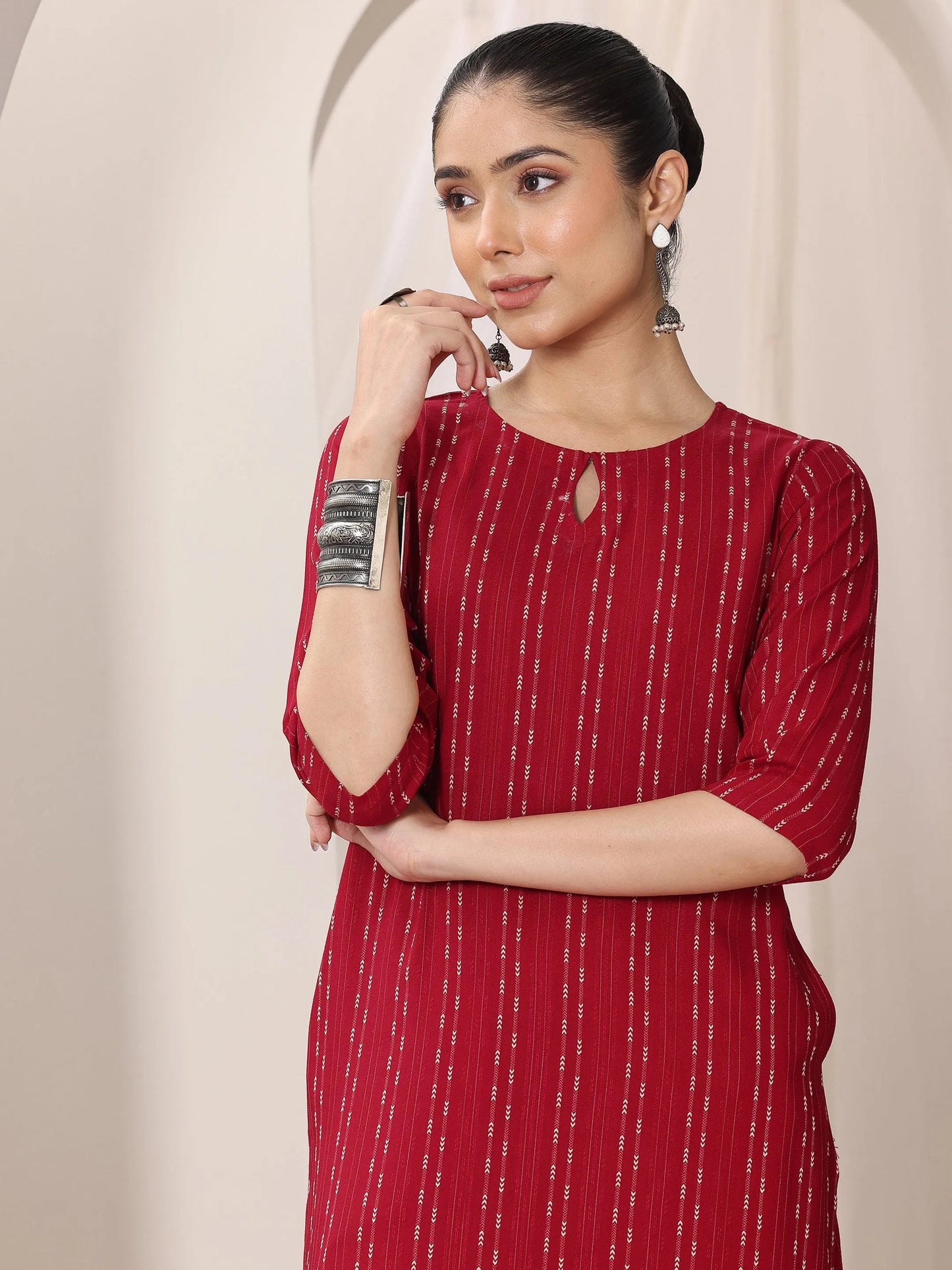 Red Woven Design Rayon Straight Kurta