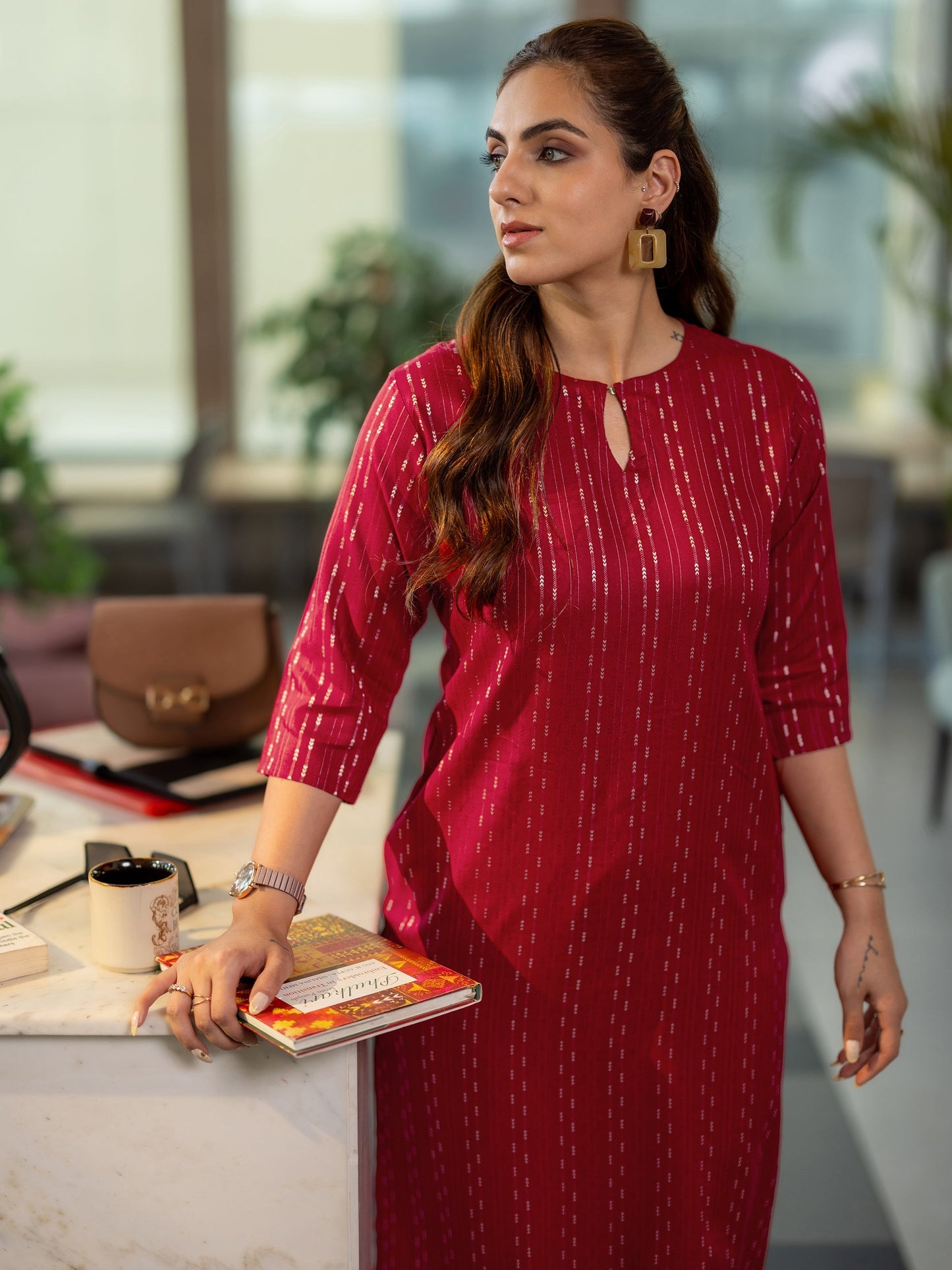 Red Woven Design Rayon Straight Kurta