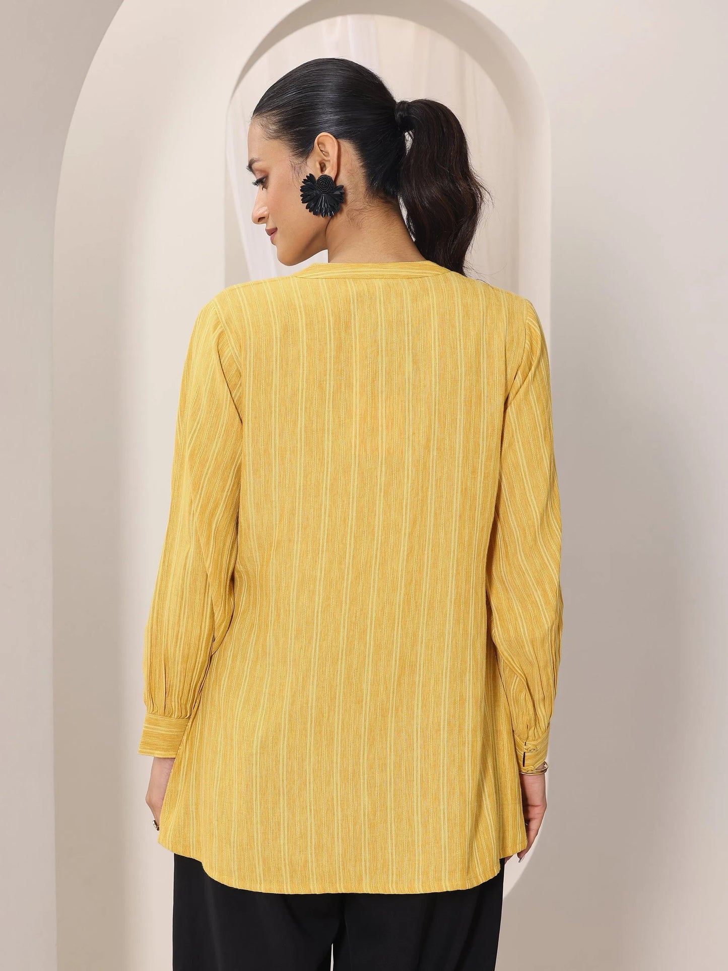 Yellow Woven Design Cotton Blend Straight Short Kurti