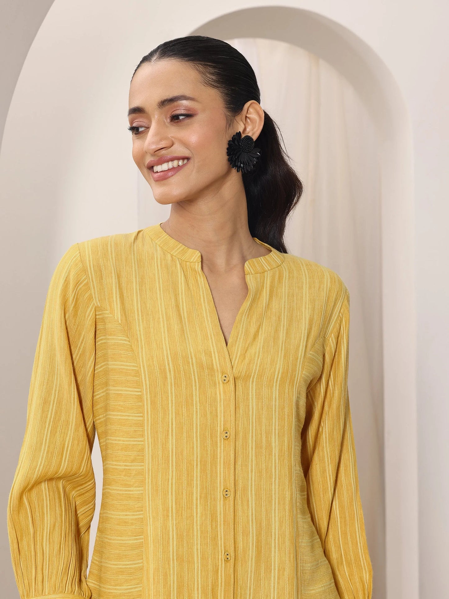 Yellow Woven Design Cotton Blend Straight Short Kurti