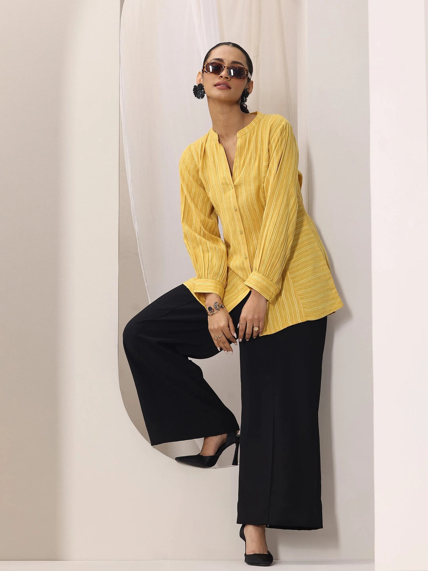 Yellow Woven Design Cotton Blend Straight Short Kurti