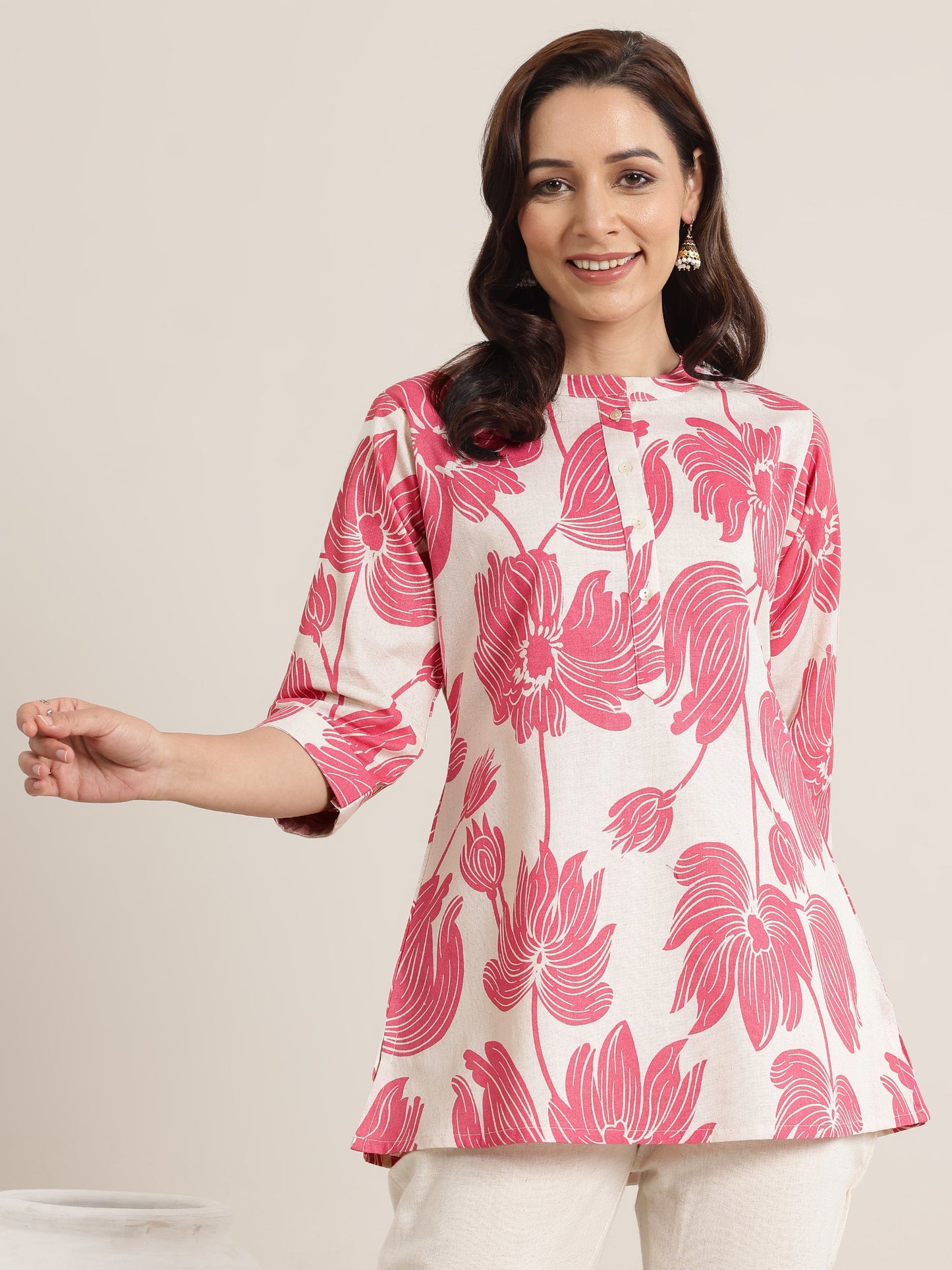 Pink Printed Cotton Straight Short Kurti