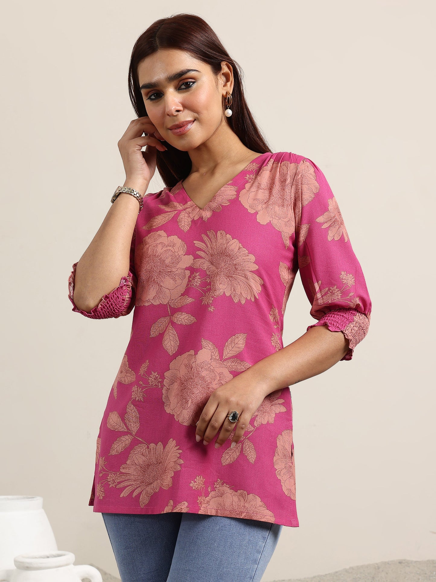 Pink Printed Cotton Straight Short Kurti