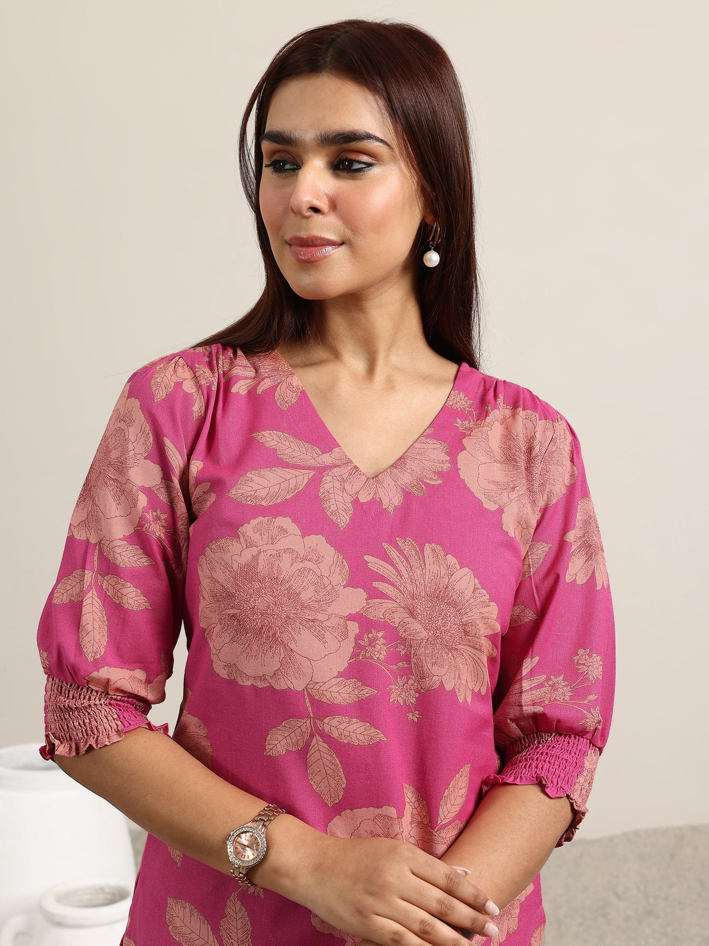Pink Printed Cotton Straight Short Kurti