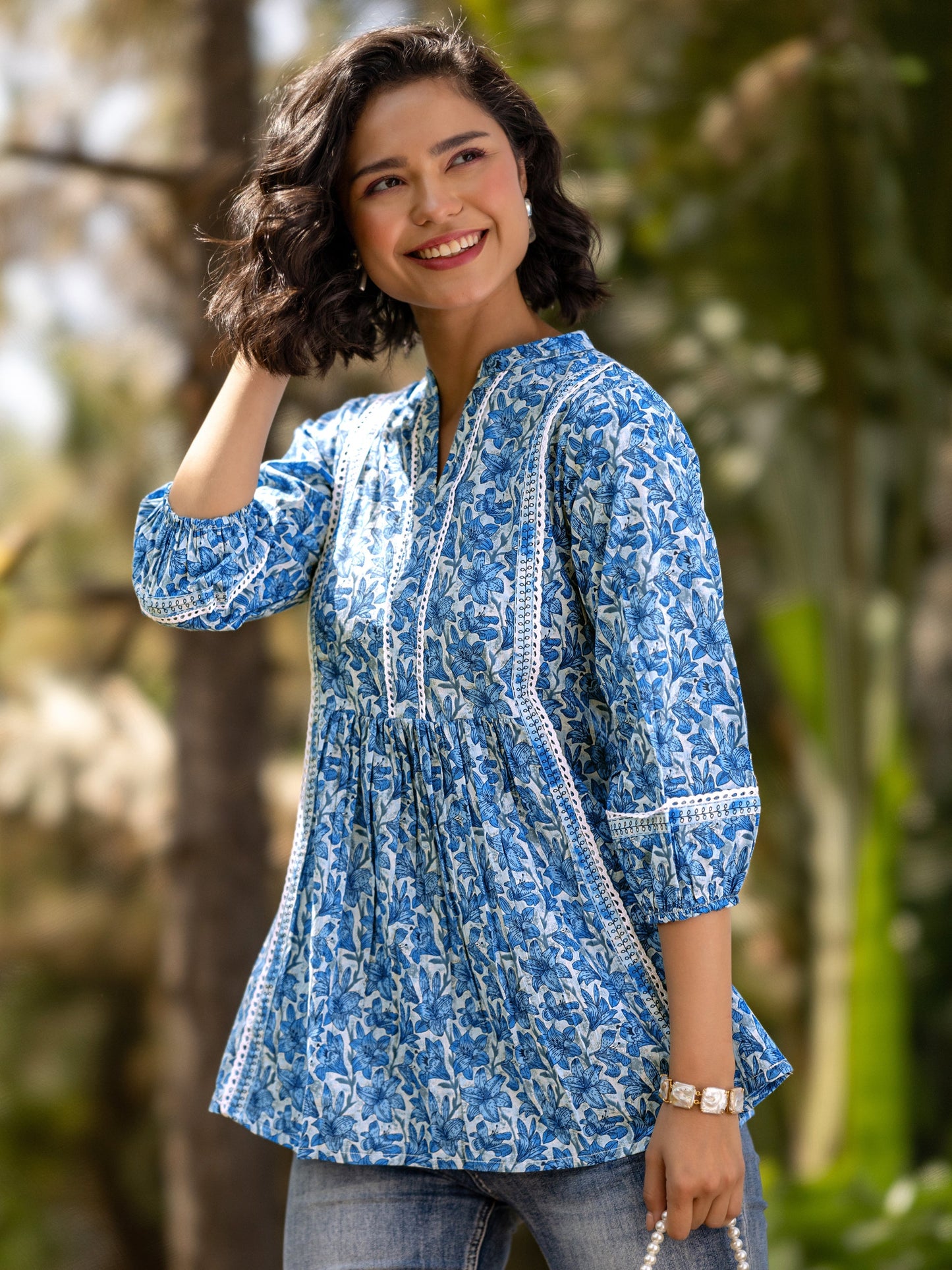 Indigo Printed Cotton A-Line Short Kurti
