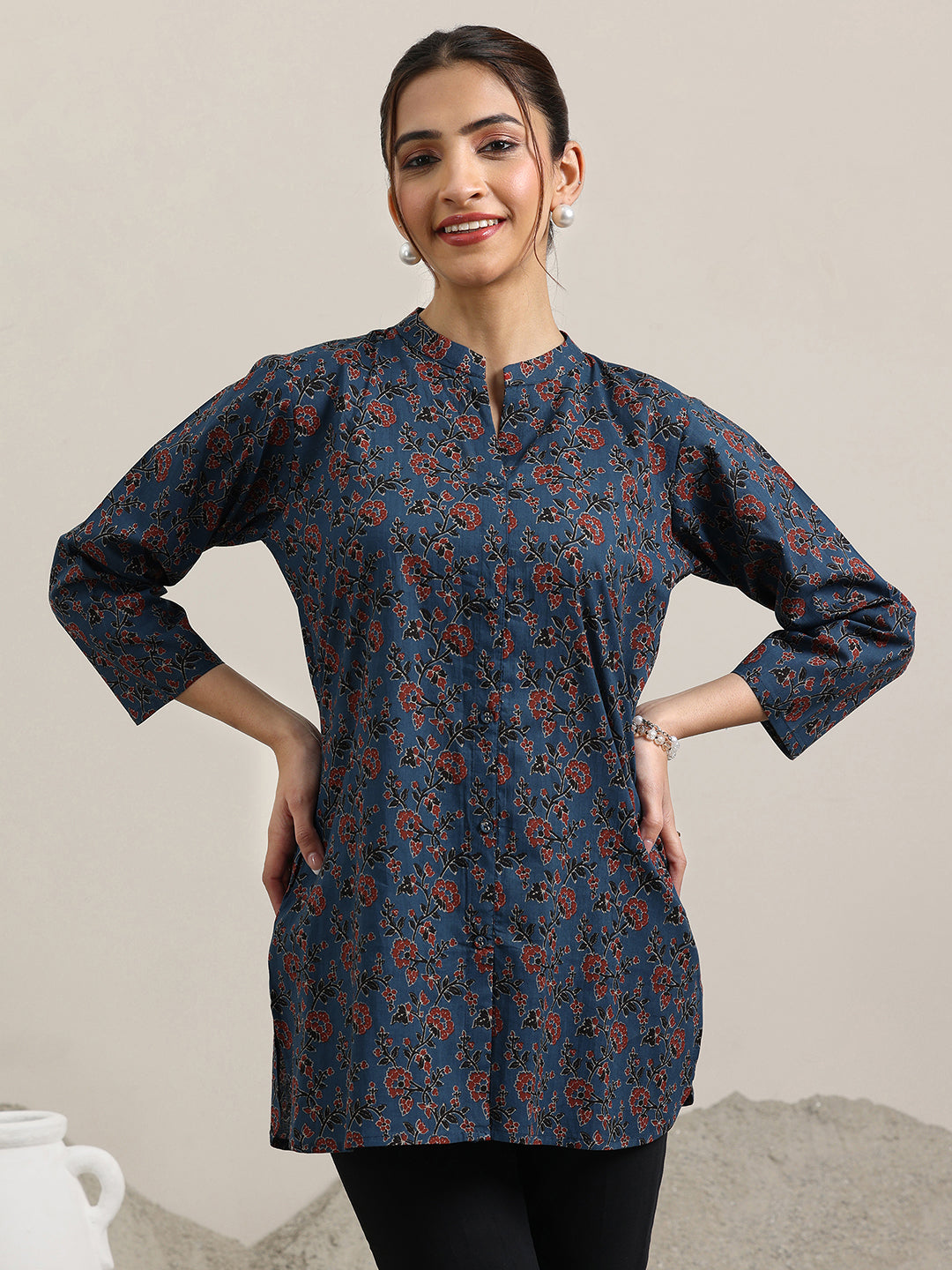 Blue Printed Cotton Straight Short Kurti