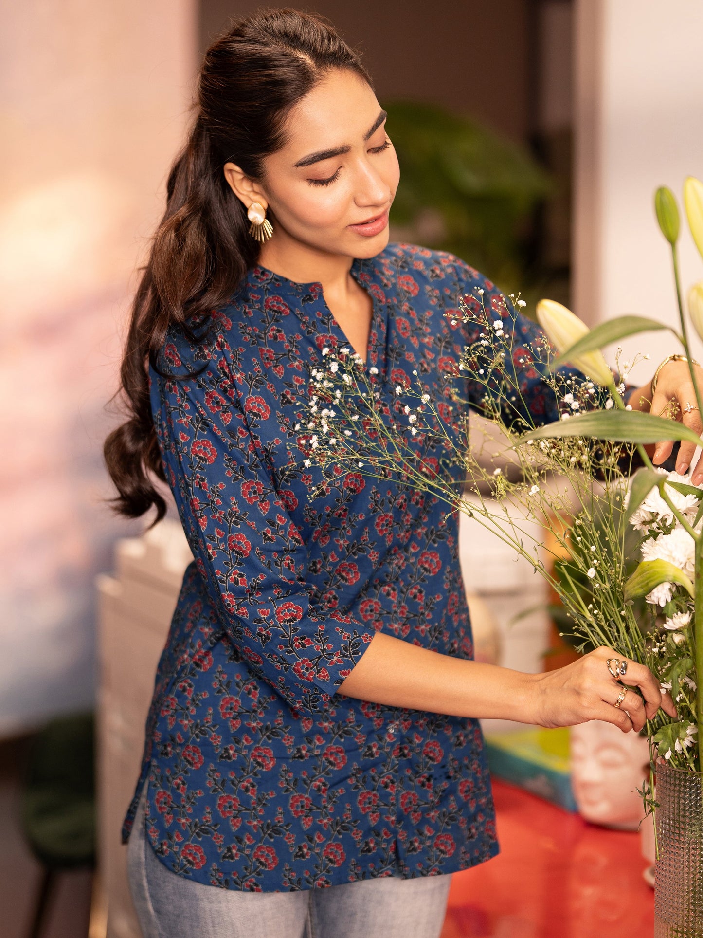 Blue Printed Cotton Straight Short Kurti