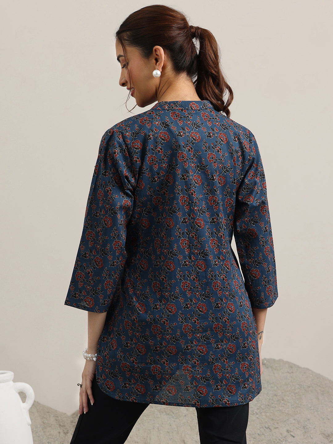 Blue Printed Cotton Straight Short Kurti