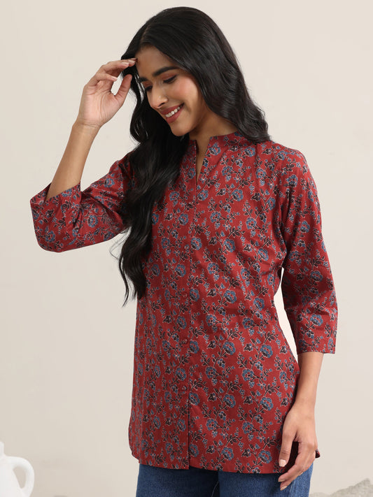 Maroon Printed Cotton Straight Short Kurti