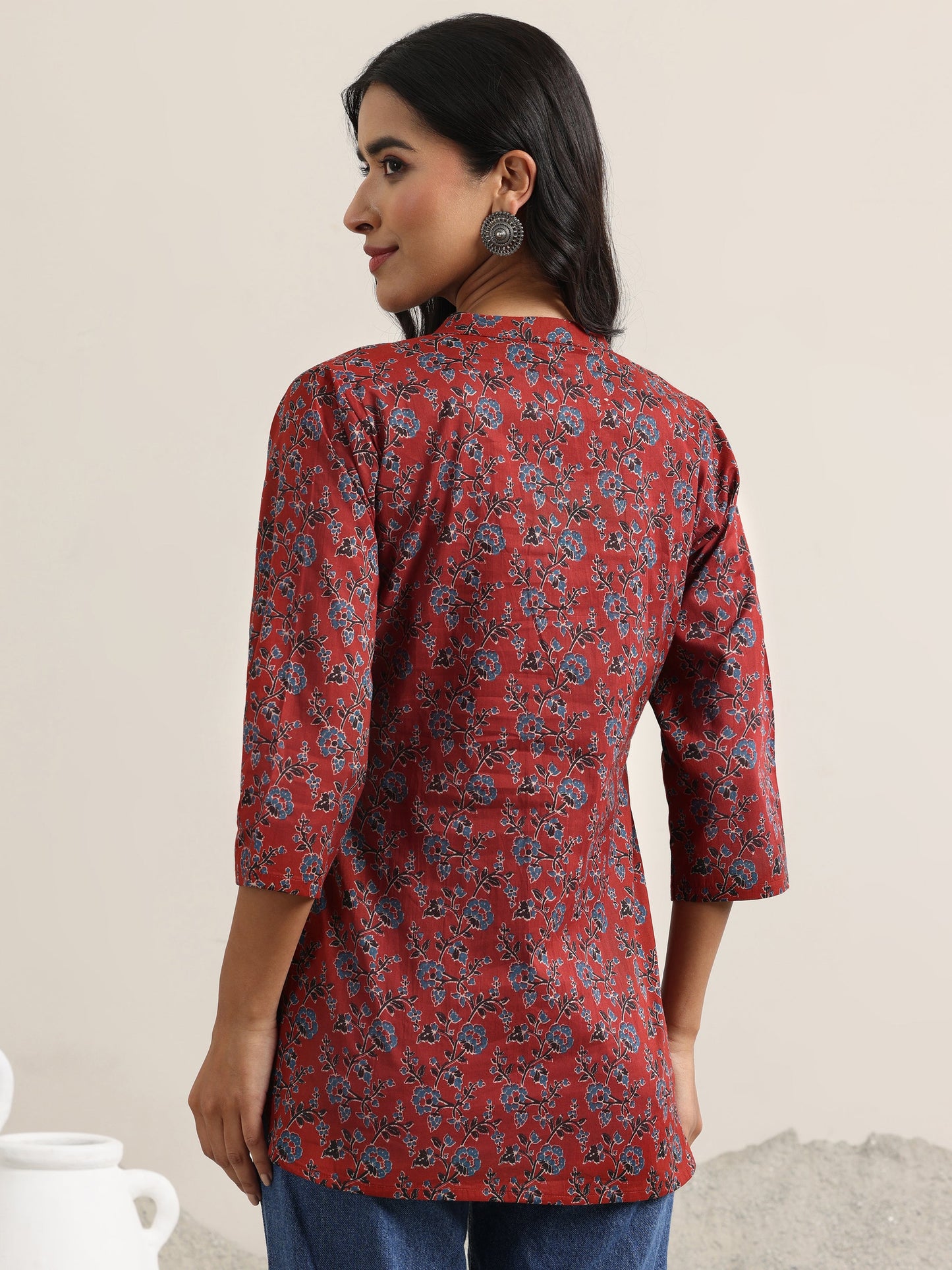 Maroon Printed Cotton Straight Short Kurti