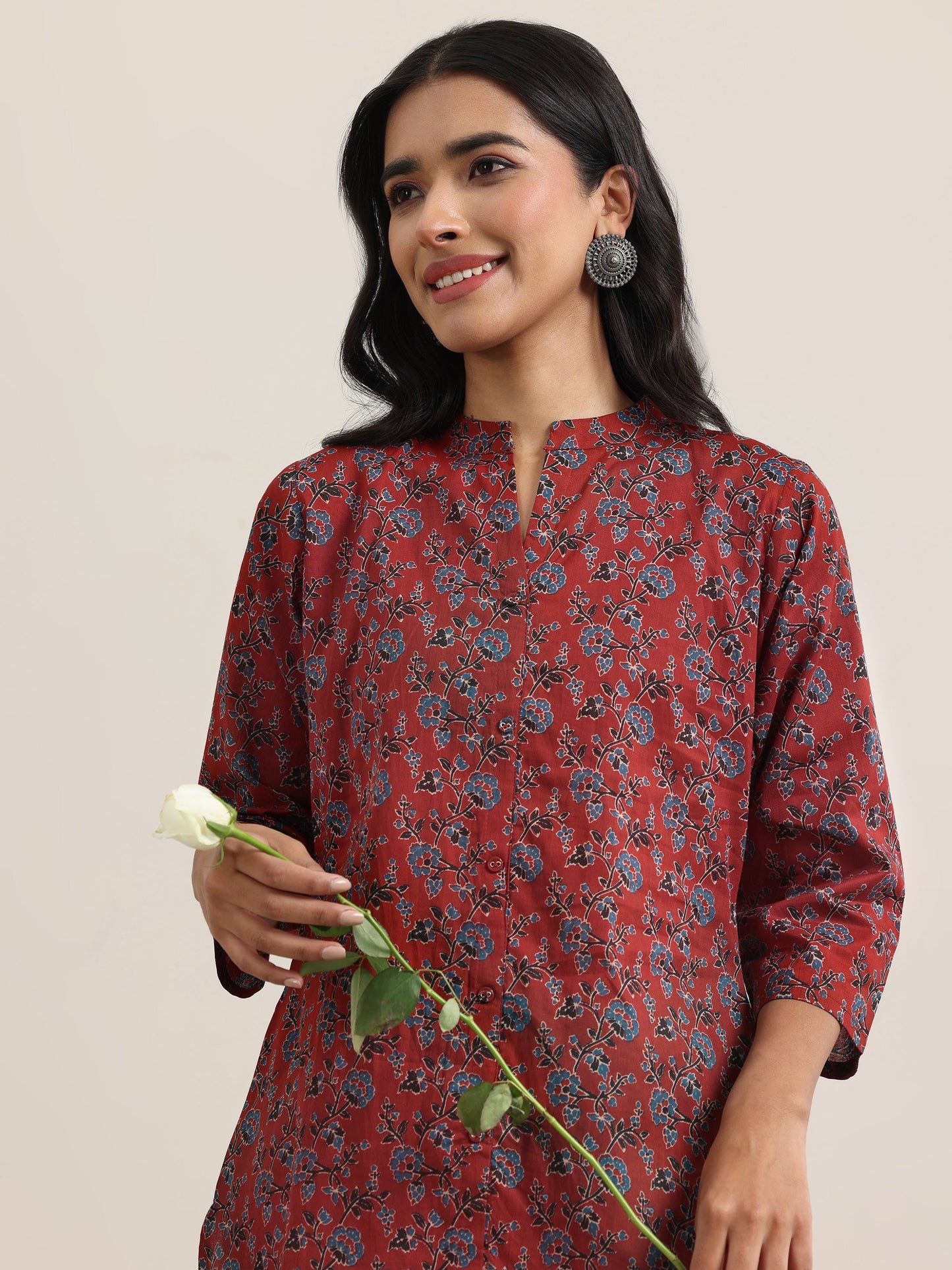 Maroon Printed Cotton Straight Short Kurti